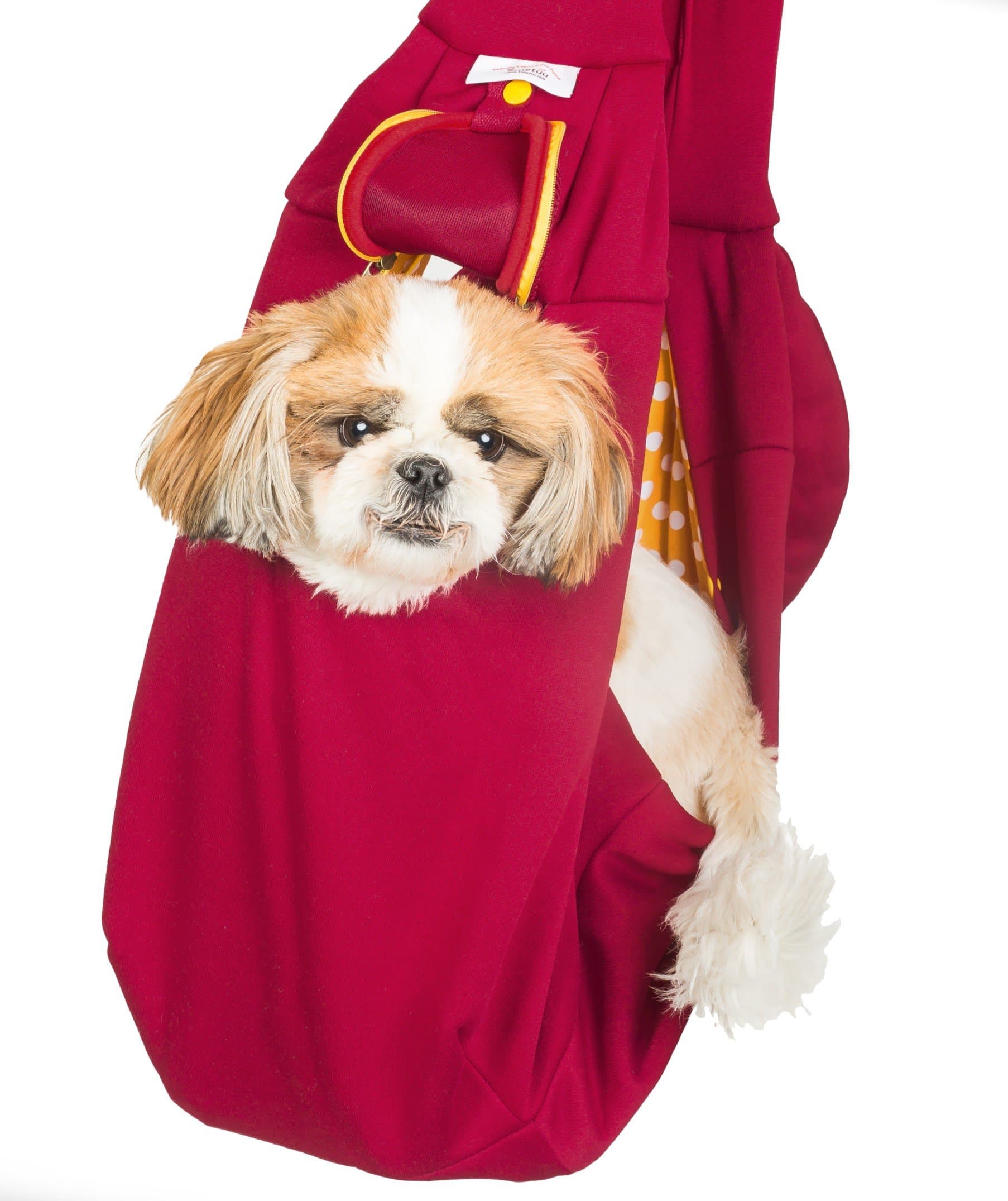 Timetuu Pet Sling Carrier for Small Dogs or Cats: Reversible Hands-Free Puppy Tote Bag with Adjustable Strap, Pocket and Bonus Carry Bag, Up to 12 Lbs (Ruby - Old Version)