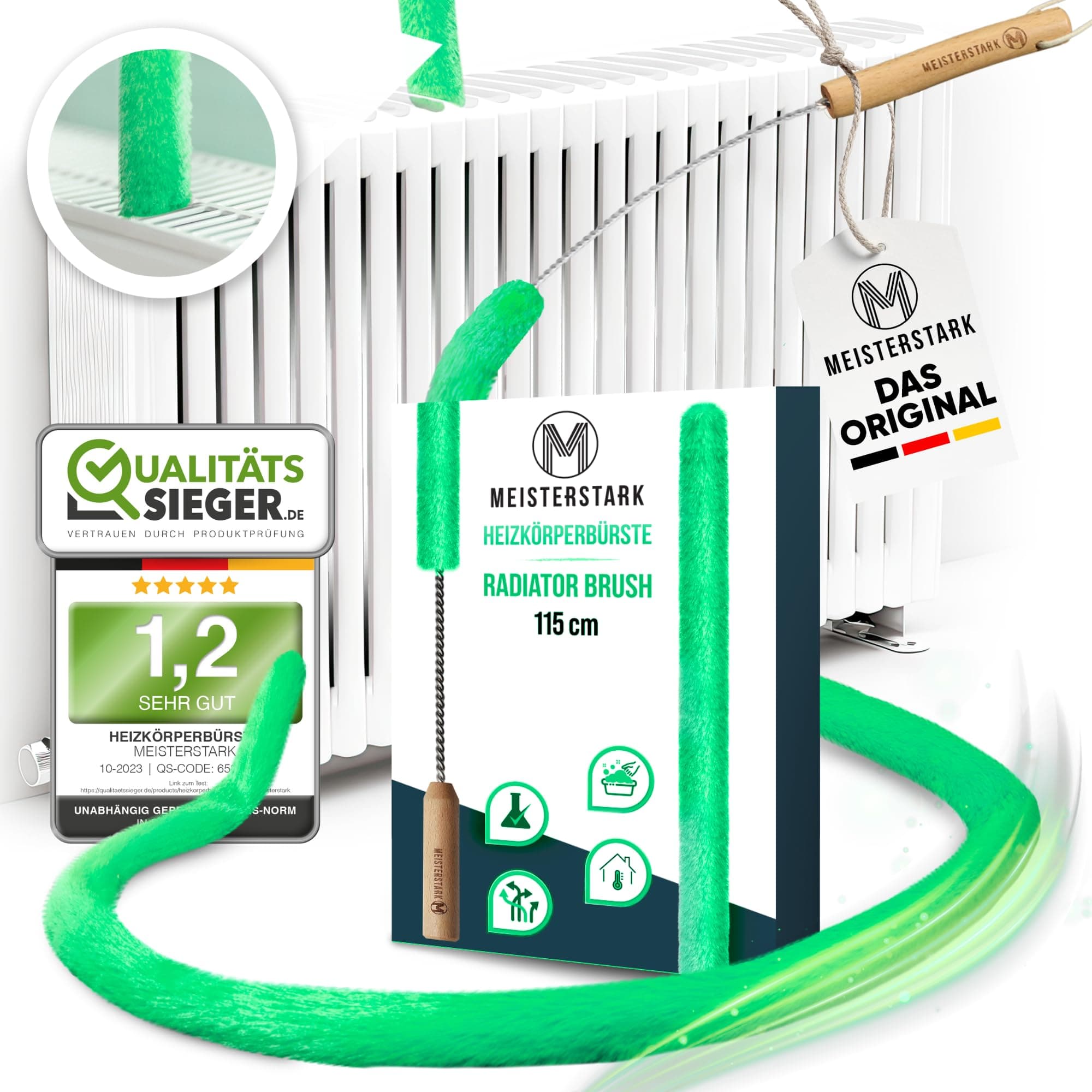 THE ORIGINAL Radiator Cleaner Brush 115cm I Flexible Scratch-Free Radiator Brush I Washable Radiator Cleaning Brush I Radiator Duster Brush Long Thin Fits 99% of Gridded & Non-Gridded Radiators -Green