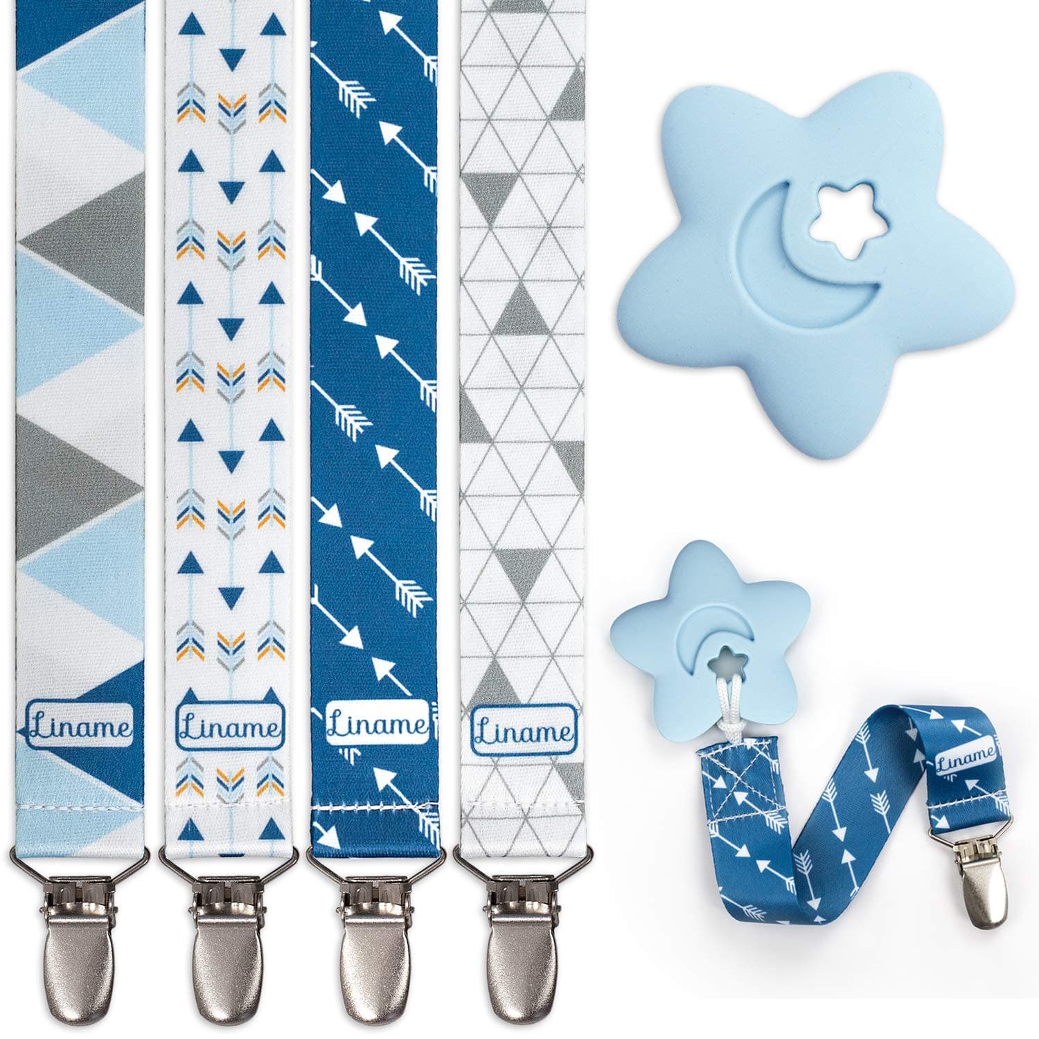 Liname Dummy Clip for Boys Girls with Bonus Teething Toy - 4 Pack Gift Packaging - Premium Quality & Unique Design - Dummy Clips Fit All Dummies & Soothers - Perfect Baby Gift (Blue, Metal Clip)
