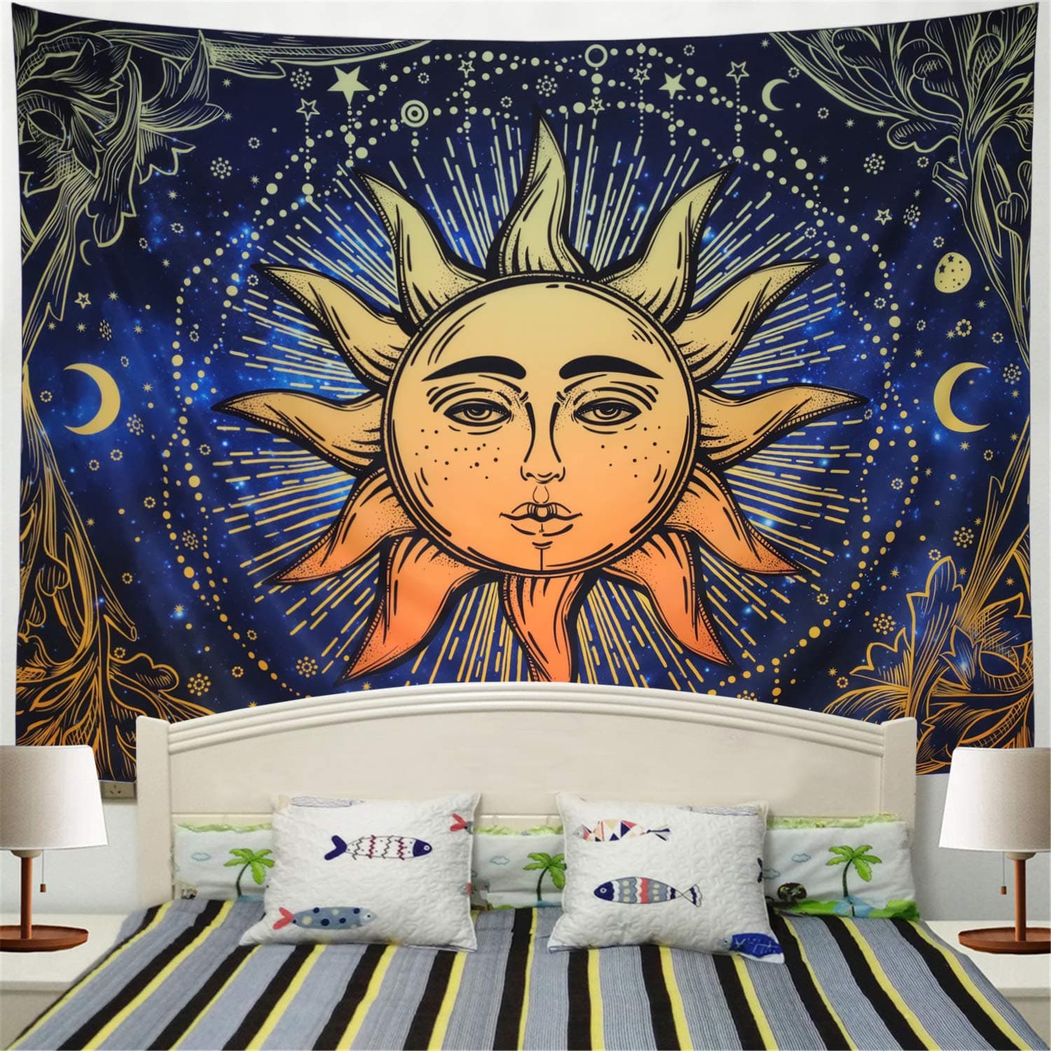 Racunbula Tapestry Psychedelic Galaxy Starry Sun Wall Tapestry Sun and Moon Tapestry Wall Hanging Bohemian Mandala Tapestry Fractal Faces Mystic Tapestry for Bedroom Living Room Dorm(W78.7 × H59.1)