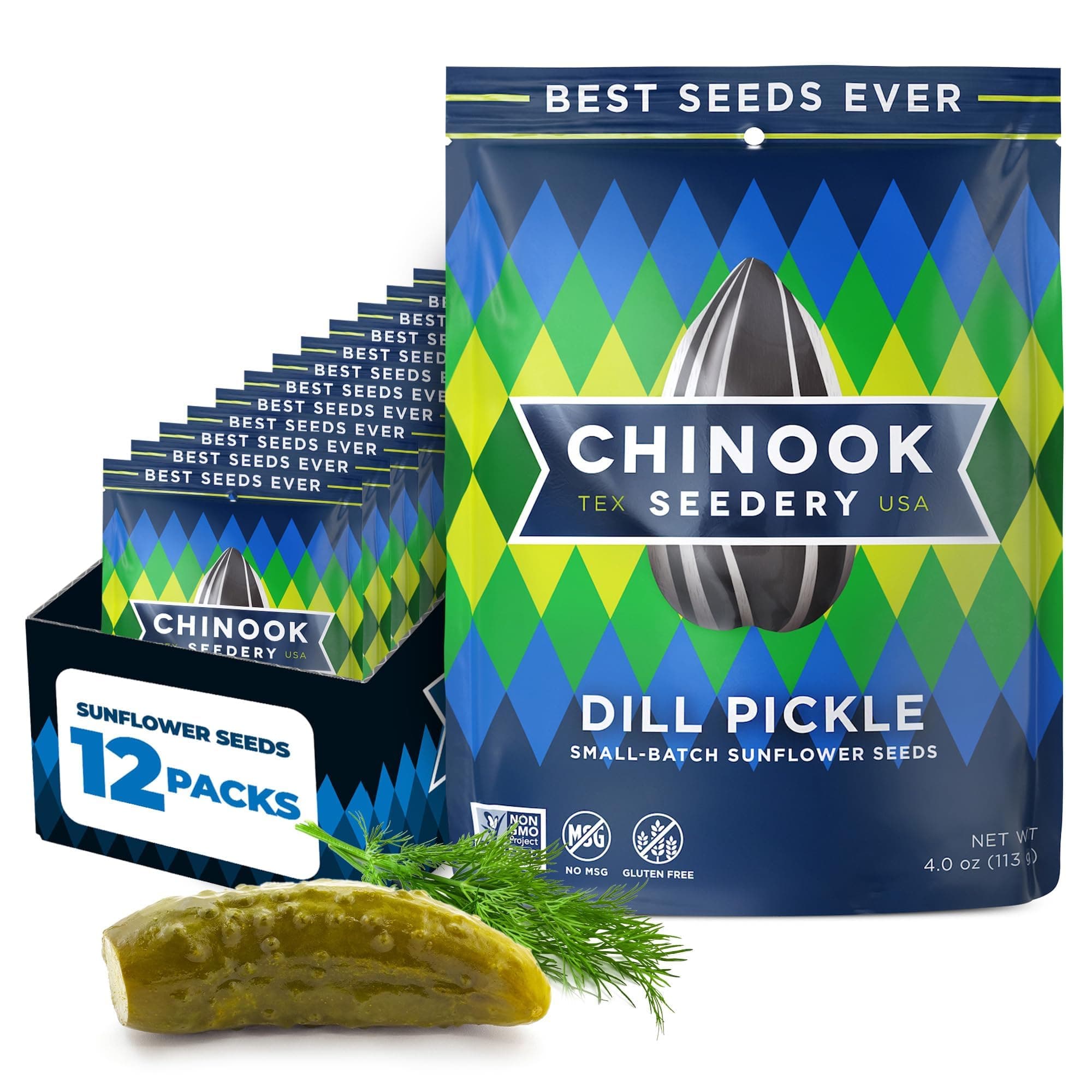 Chinook Seedery Sunflower Seeds to Eat — Jumbo, Flavored, Roasted, Low Sodium Snacks — Keto Friendly, Gluten-Free, Non-GMO — Dill Pickle Sunflower Seeds 4 oz (12-Pack)