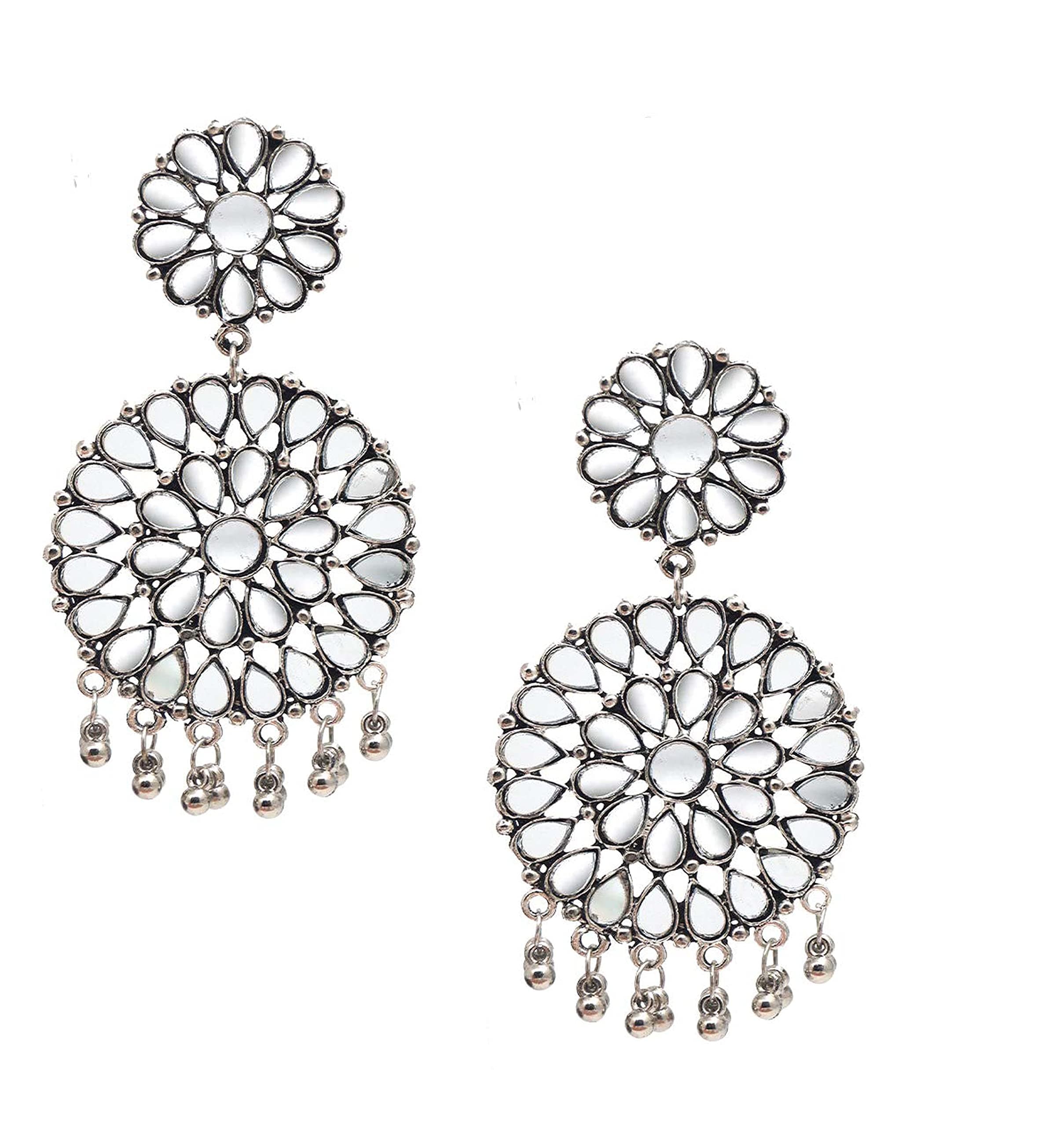Total Fashion Oxidised Silver Jewellery Chandbali Mirror Earring for Women & Girls