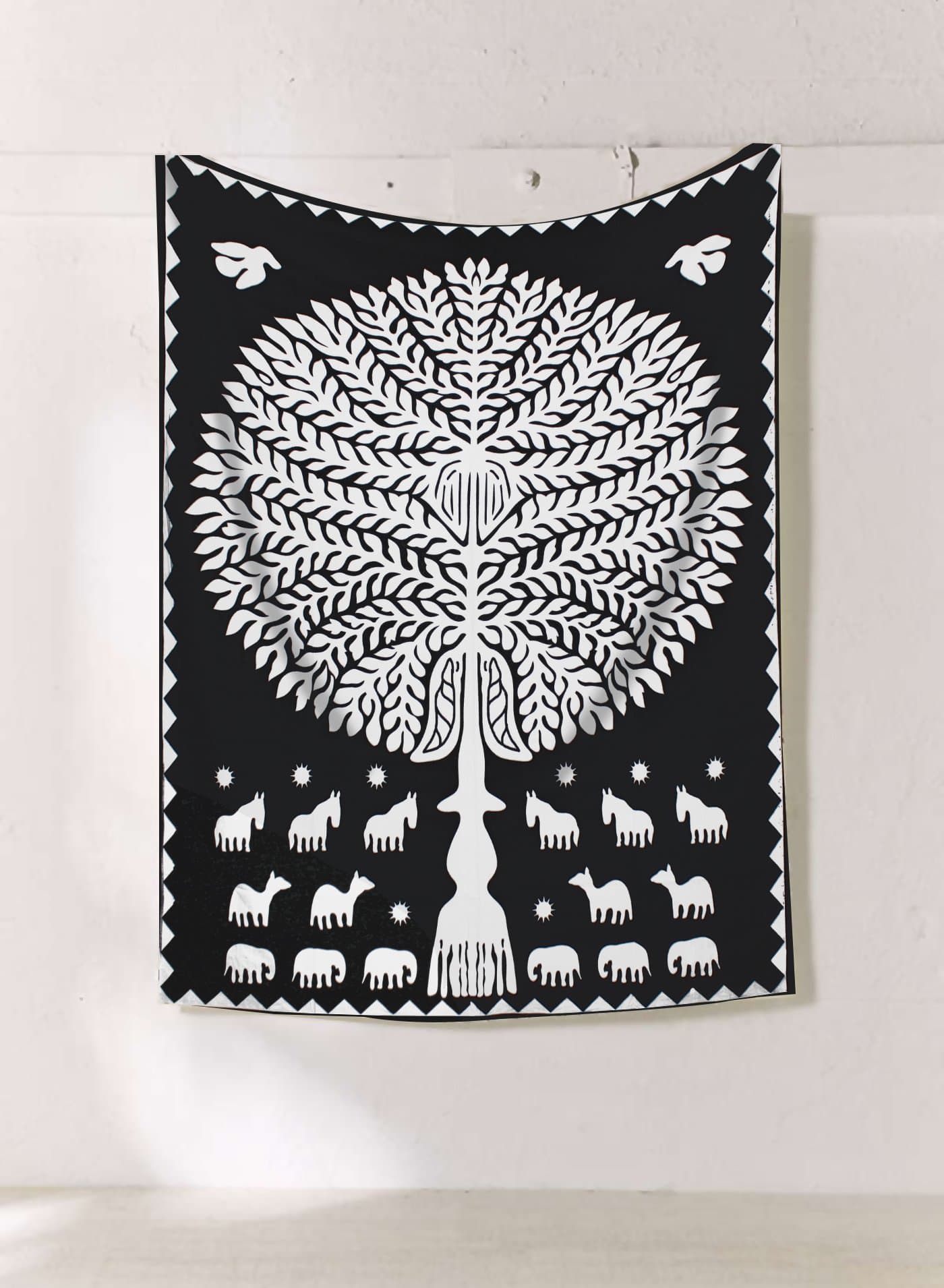 Mandala Decor Indian Wall hanging Tapestry Christmas Tree of Life Applique Style Printed Multipurpose Black & White Throw Size - 46x54 Inches