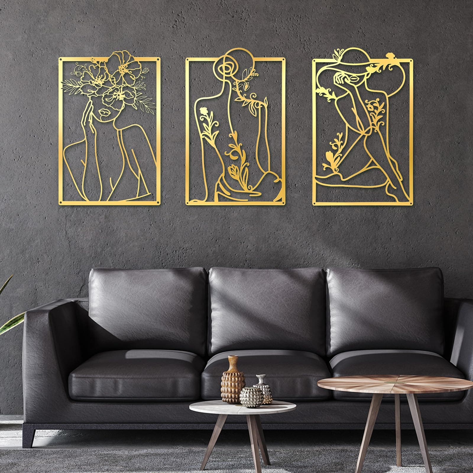 Mixweer 3 Pcs Gold Black Wall Decor Minimalist Metal Home Wall Art Modern Abstract Single Line Hanging Aesthetic Emerald Wall Sculptures for Living Room Bedroom Apartment (Gold, Female Style)