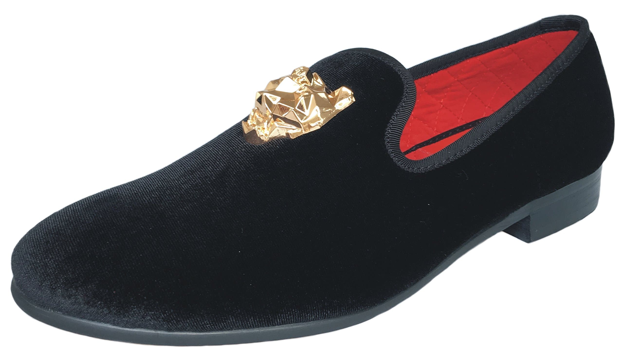 JustarMen's Velvet Loafers Slip-on Dress Shoes with Gold Buckle Penny Loafer Red Slippers Flats