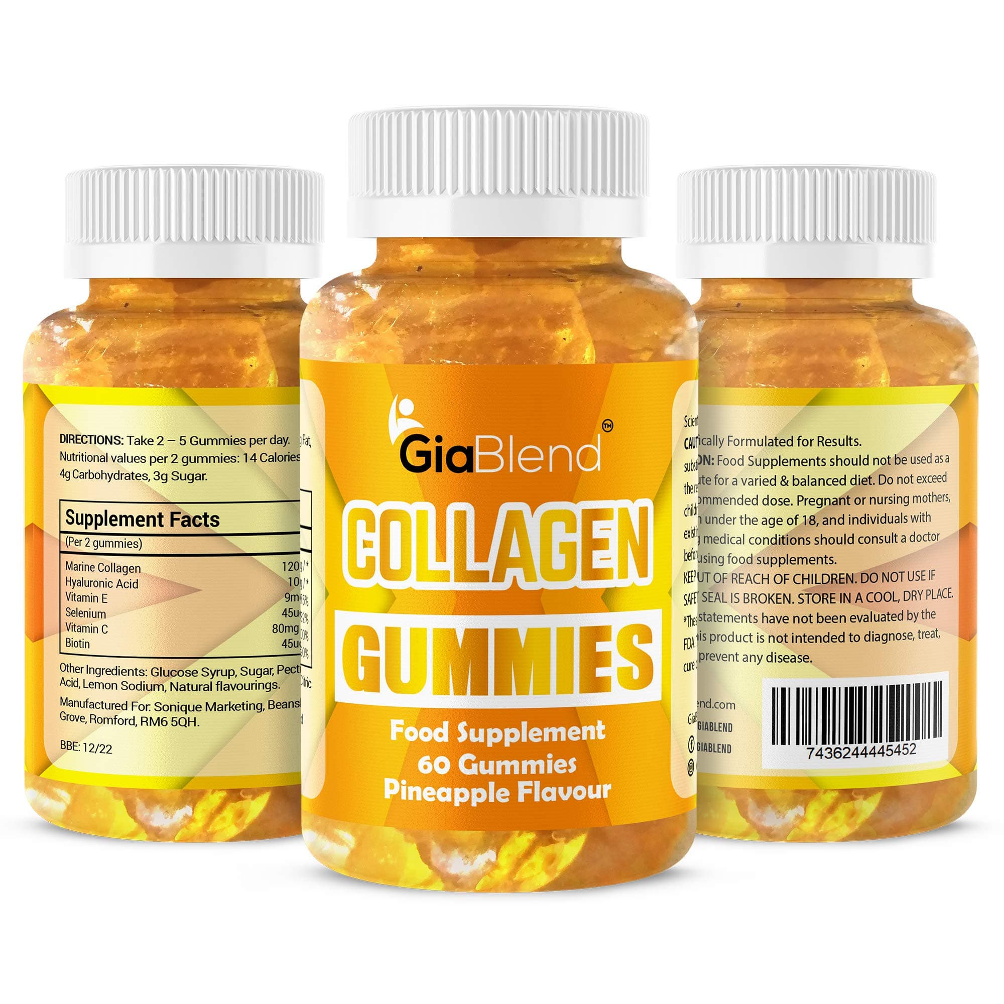 GiaBlend Marine Collagen Gummies with Hyaluronic Acid & Biotin, Supplement for Skin, Hair, Nails and Joints. Vegetarian & Gluten Free.