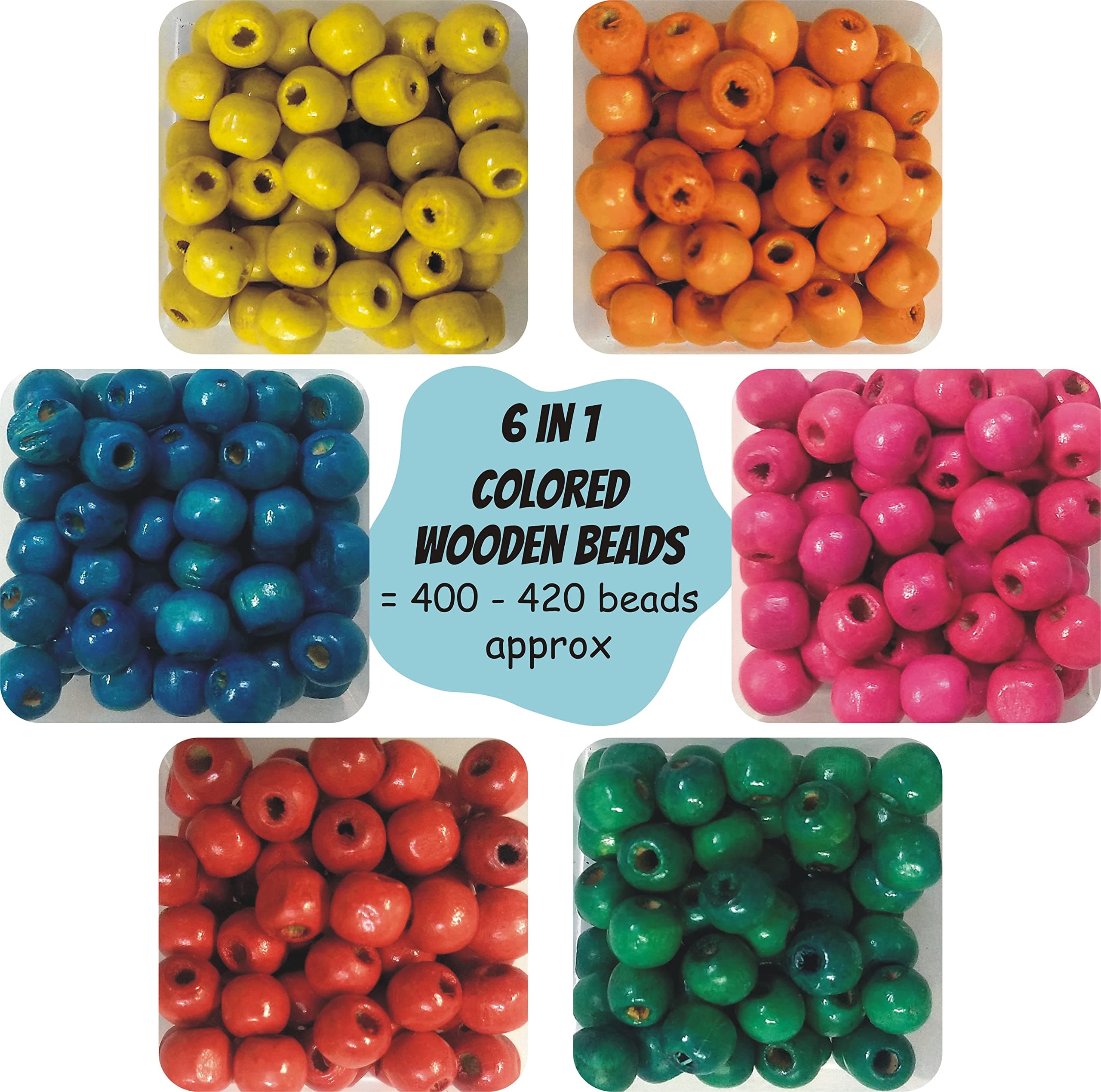 INDIKONB 400 pcs Wooden Beads for Jewelry Making, Art and Craft | Beads for Craft for Girls and DIY Projects (8 mm Multicolored Wooden Beads : 6 Colors)