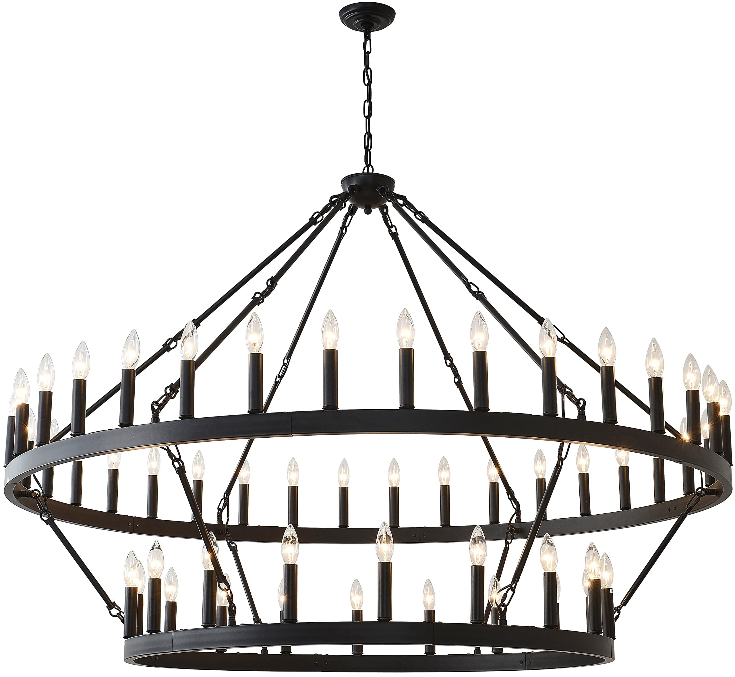60 Inch Large Black Wagon Wheel Chandelier,2 Tier 54-Lights Farmhouse Industrial Country Style Round Pendant Light Fixture for Outdoor Porch high Ceilings Living Dining Room Foyer Entryway