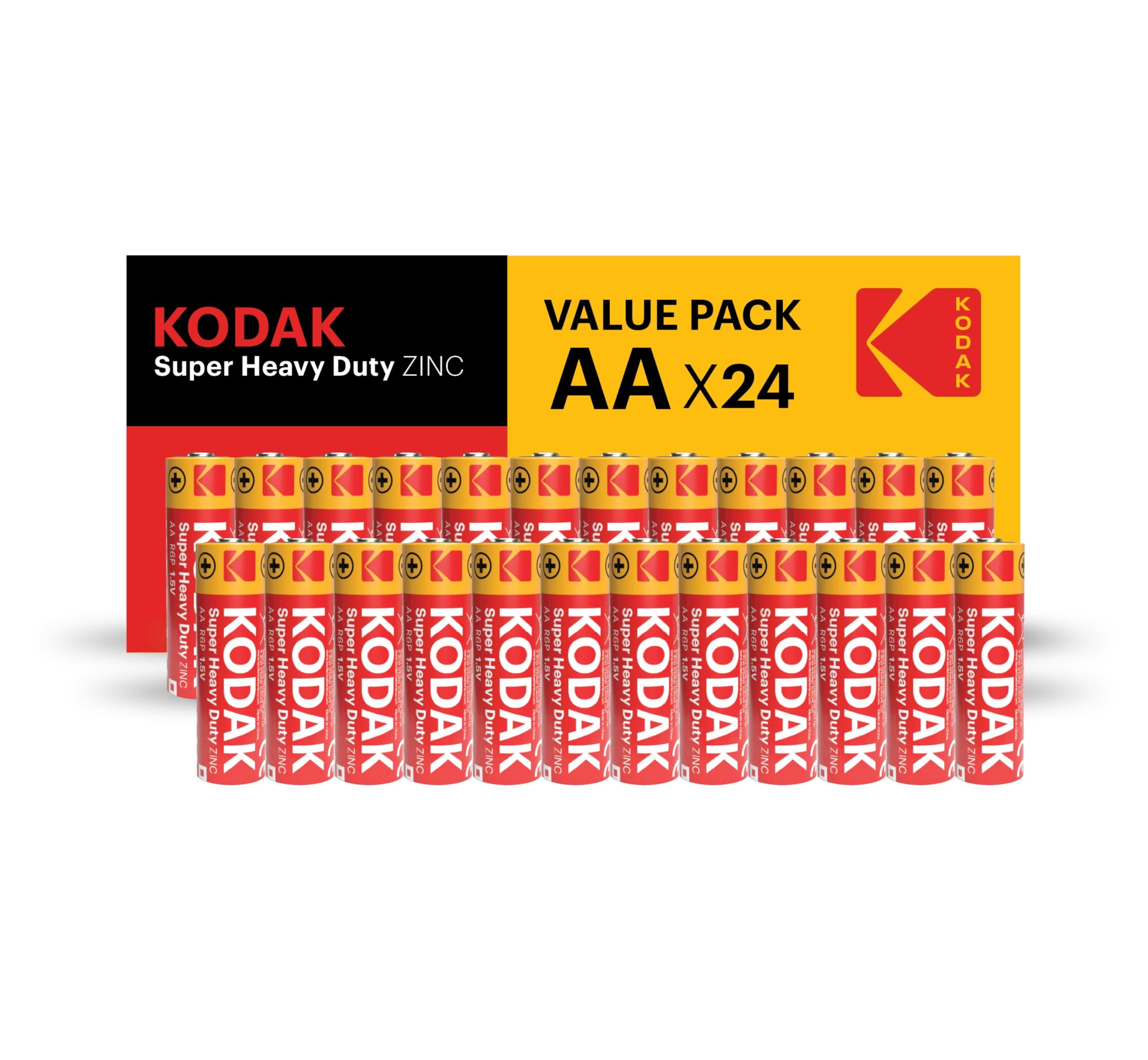 KODAK Super Heavy Duty 24-Pack AA Batteries, Double A Battery Pack, Carbon Zinc 1.5V, 3-Year Shelf Life, Disposable Household Batteries for Low-Drain Devices, R6P, Blister Packed (24 Count)