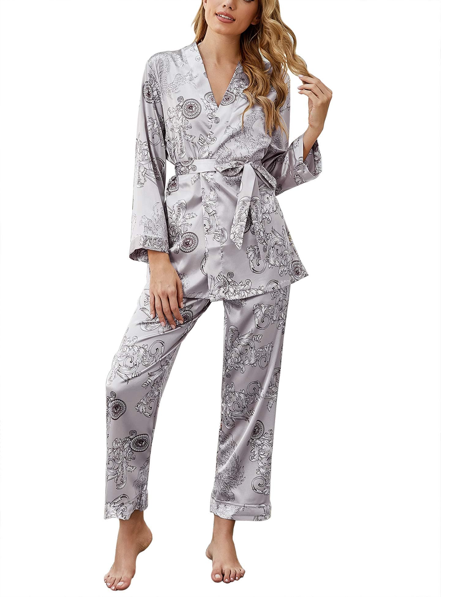 Romanstii Silk Satin Pajamas Sleepwear Set Sexy Cami PJ Nightwear 3 Pieces
