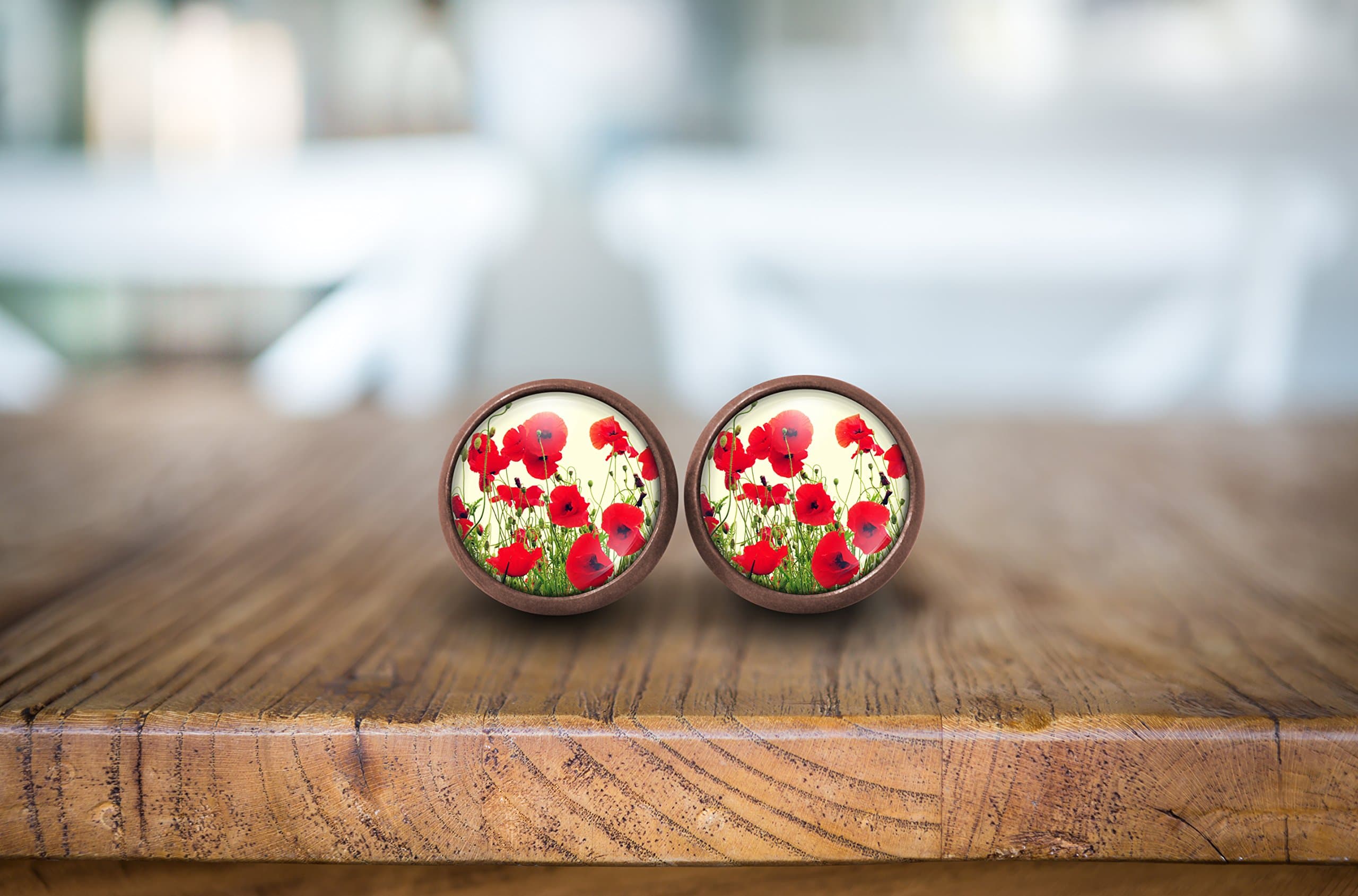 Red Poppy Flower Glass Dome Stud Earrings