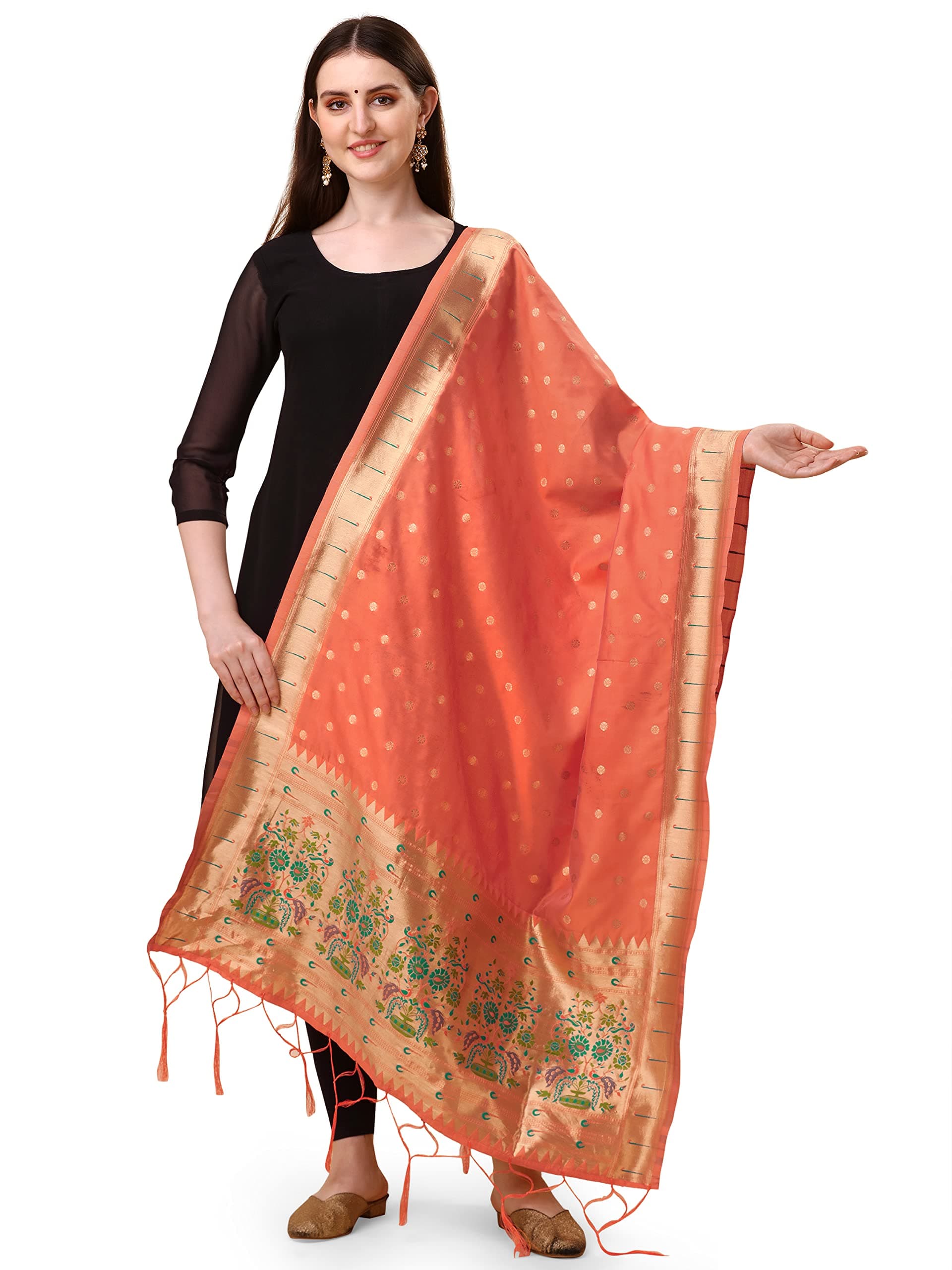 DEVANGI Women's Woven Paithani Banarasi Silk Dupatta/Chunni For Women, Animal Print 1 Meter Wide and 2.3 Meter Length Printed Designer Dupatta/Chunni For Girls