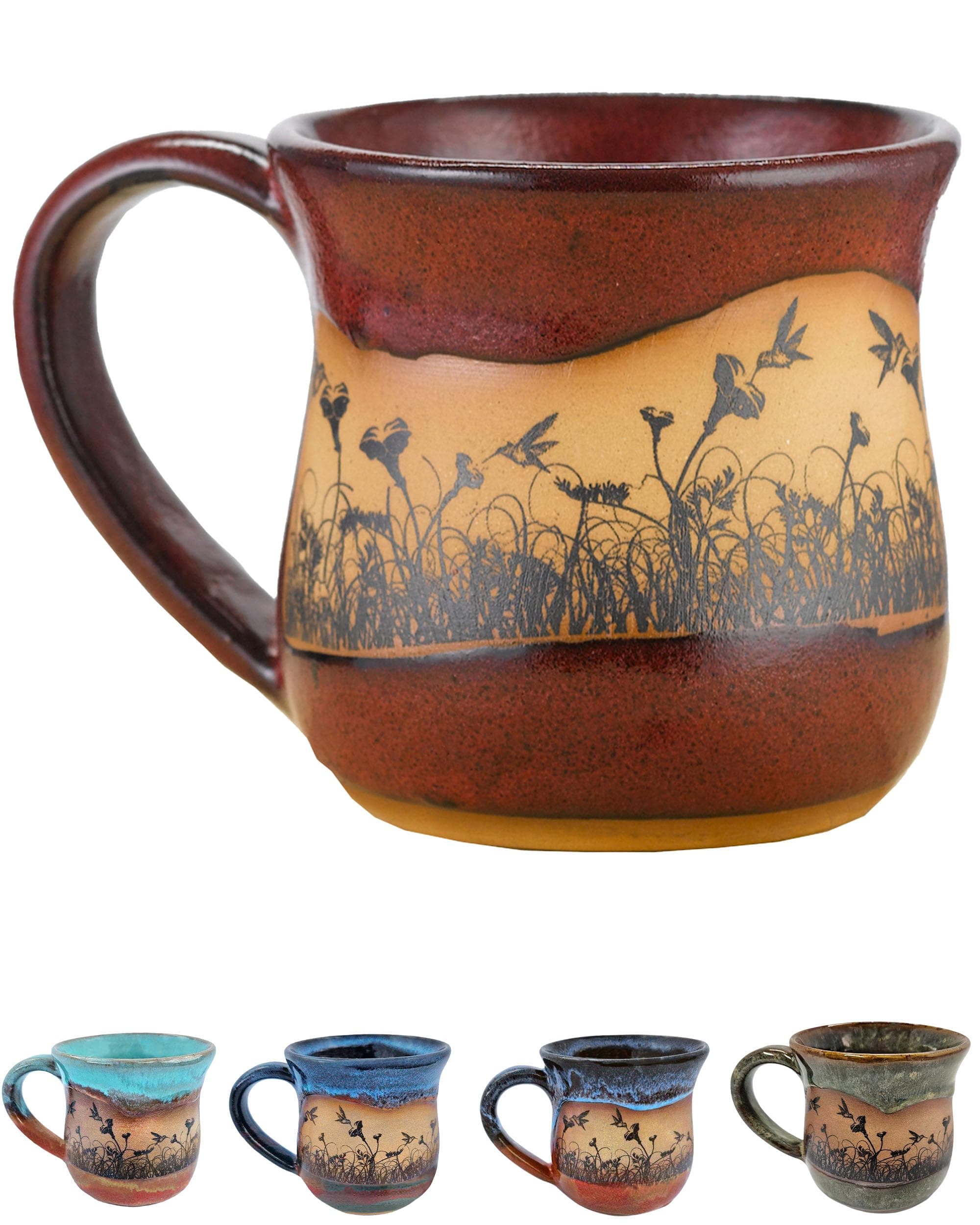 Handmade Ceramic Coffee Mug - Always Azul Hummingbirdscape 14oz Coffee Mug - Oven, Dishwasher, & Microwave Safe Mug - Kitchen Essentials Made in Colorado, Real Red