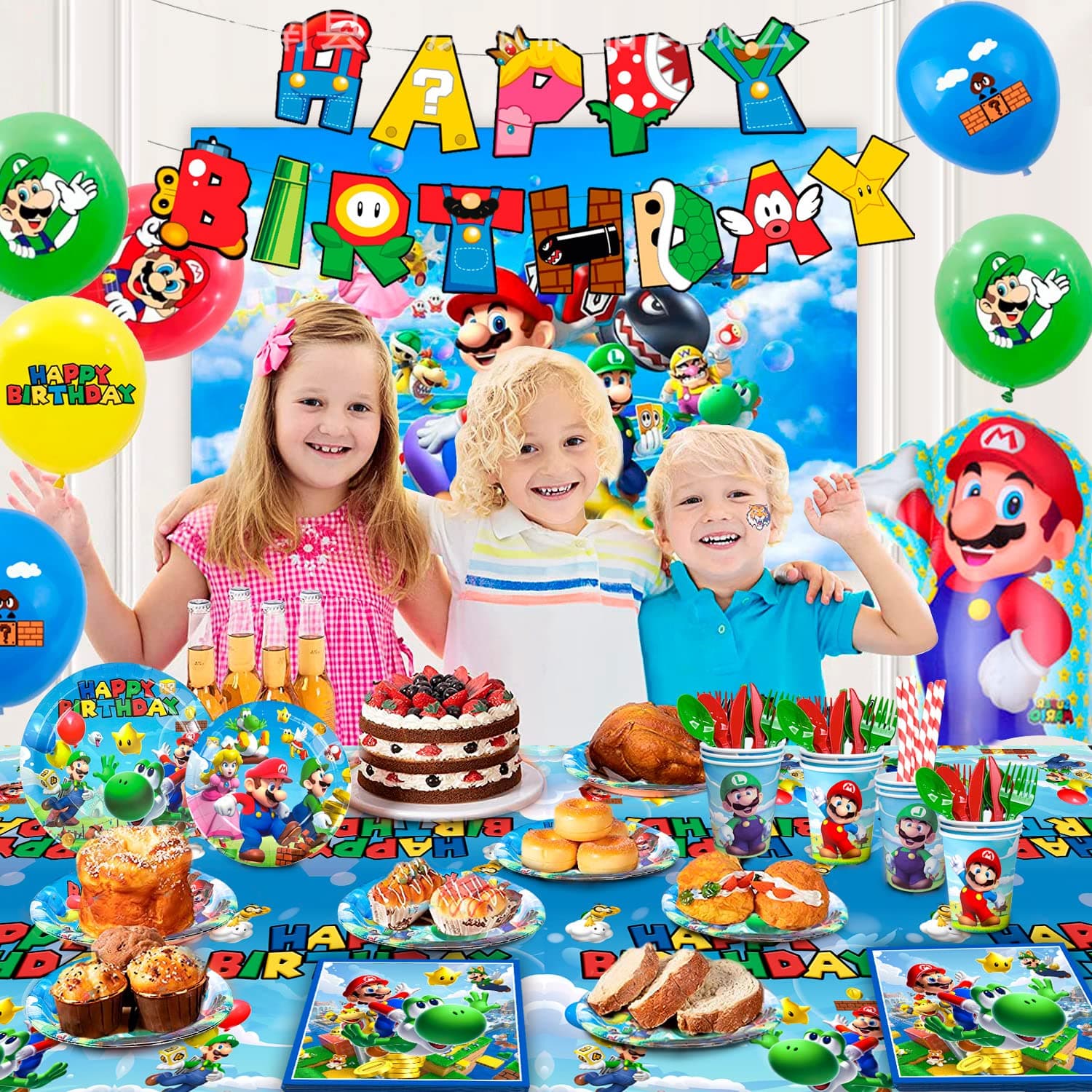 Super Mario Party Supplies - 177pcs Decorations for Boys With Plates, Napkins, Tablecloth, Backdrop Banner, Balloons - Mario Theme Party Set