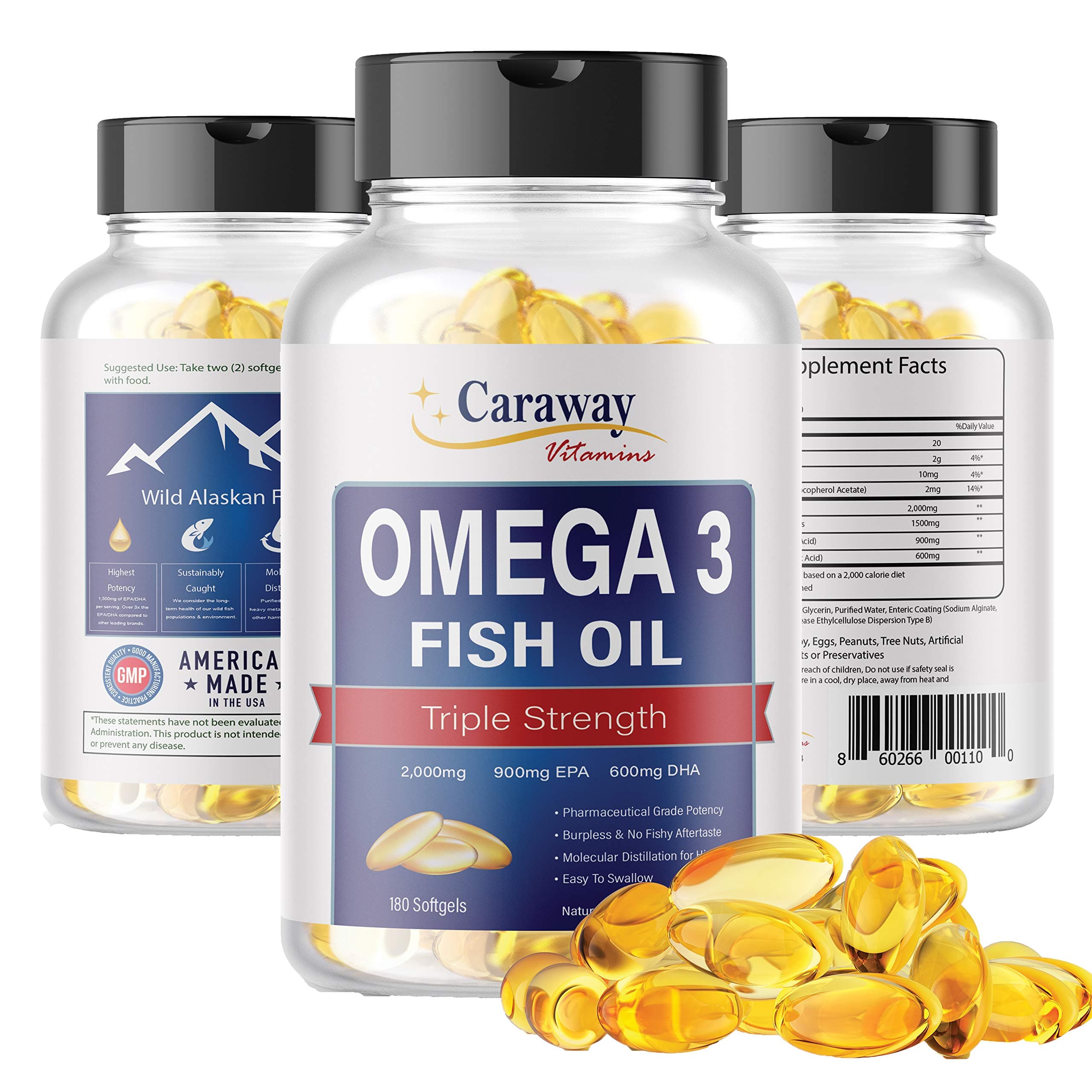 Omega 3 Fish Oil - 2000 mg, 900mg EPA, 600mg DHA. 180 Softgel Count. Burpless Capsules with No Fishy Aftertaste. All Natural, Organic, Non GMO, Gluten Free for Men & Women