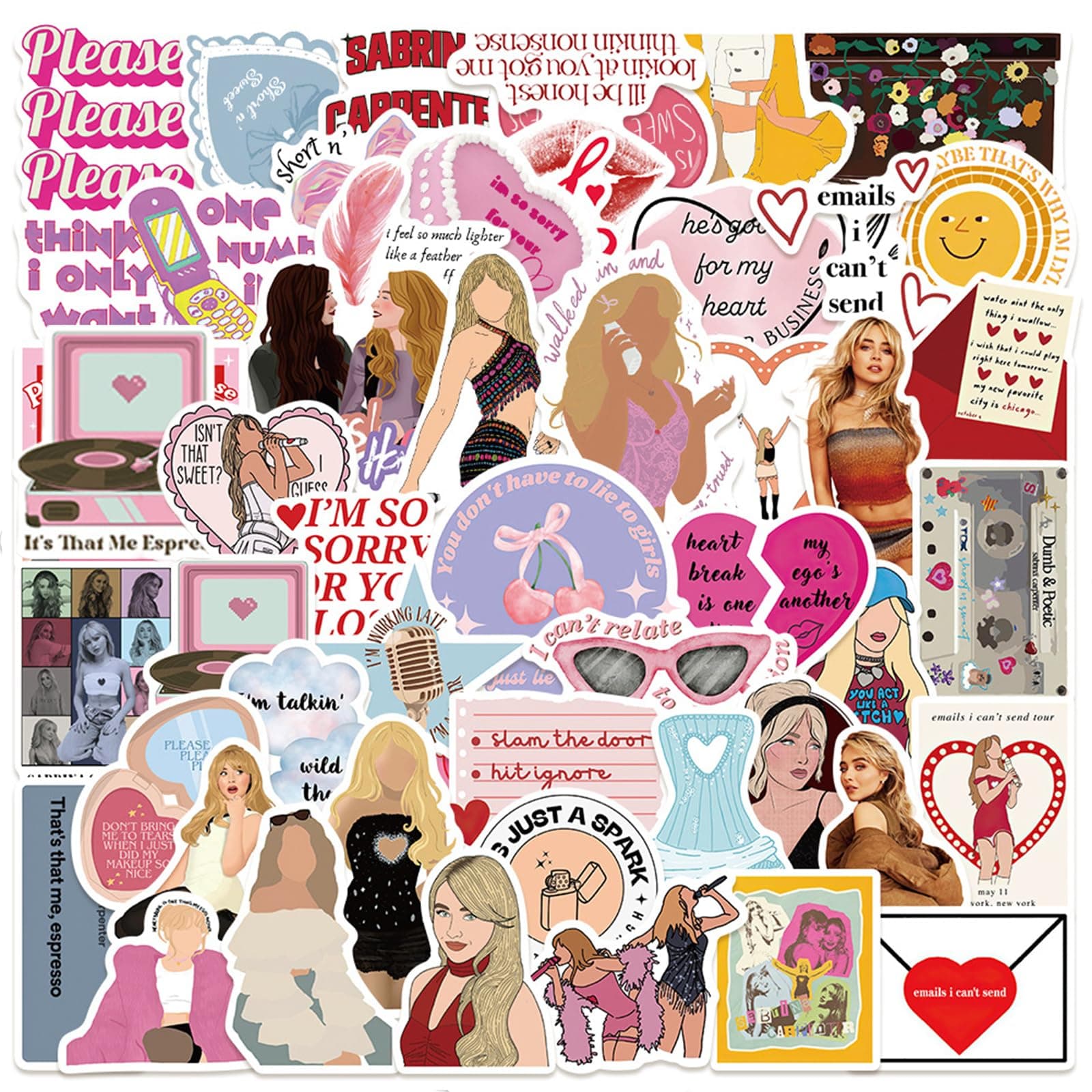 50 Pack Sabrina Stickers, Scrapbook Stickers, Waterproof Stickers, Music Stickers, for Water Bottles, Book, Skateboard, Laptop, Guitar, Suitcase