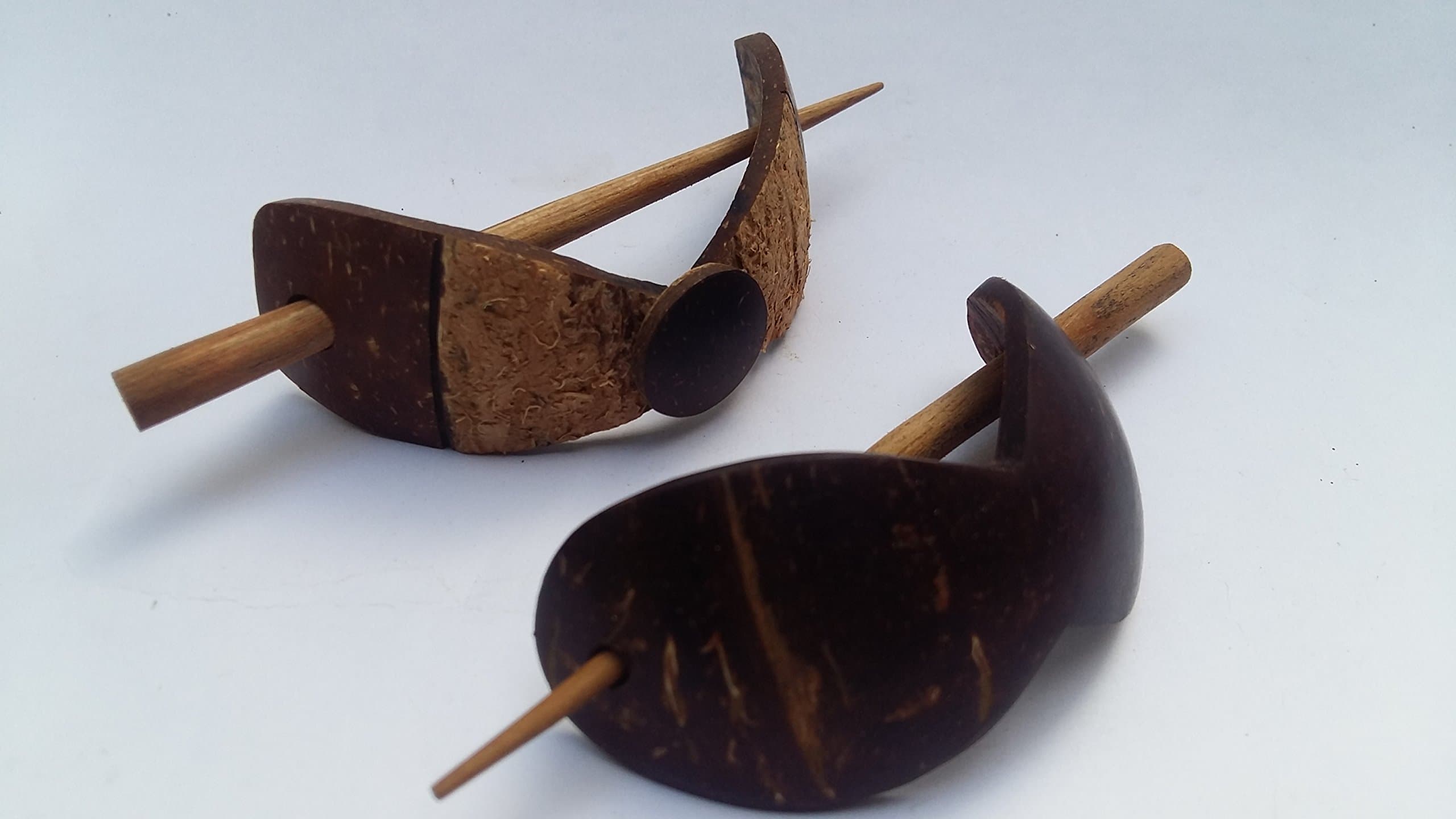 GRAND ORGANIC SHOPPE Eco-Friendly Hand Made Coconut Shell Hair Clip with Wooden Stick, 8/11 cm/20 g, Brown -Set of 2
