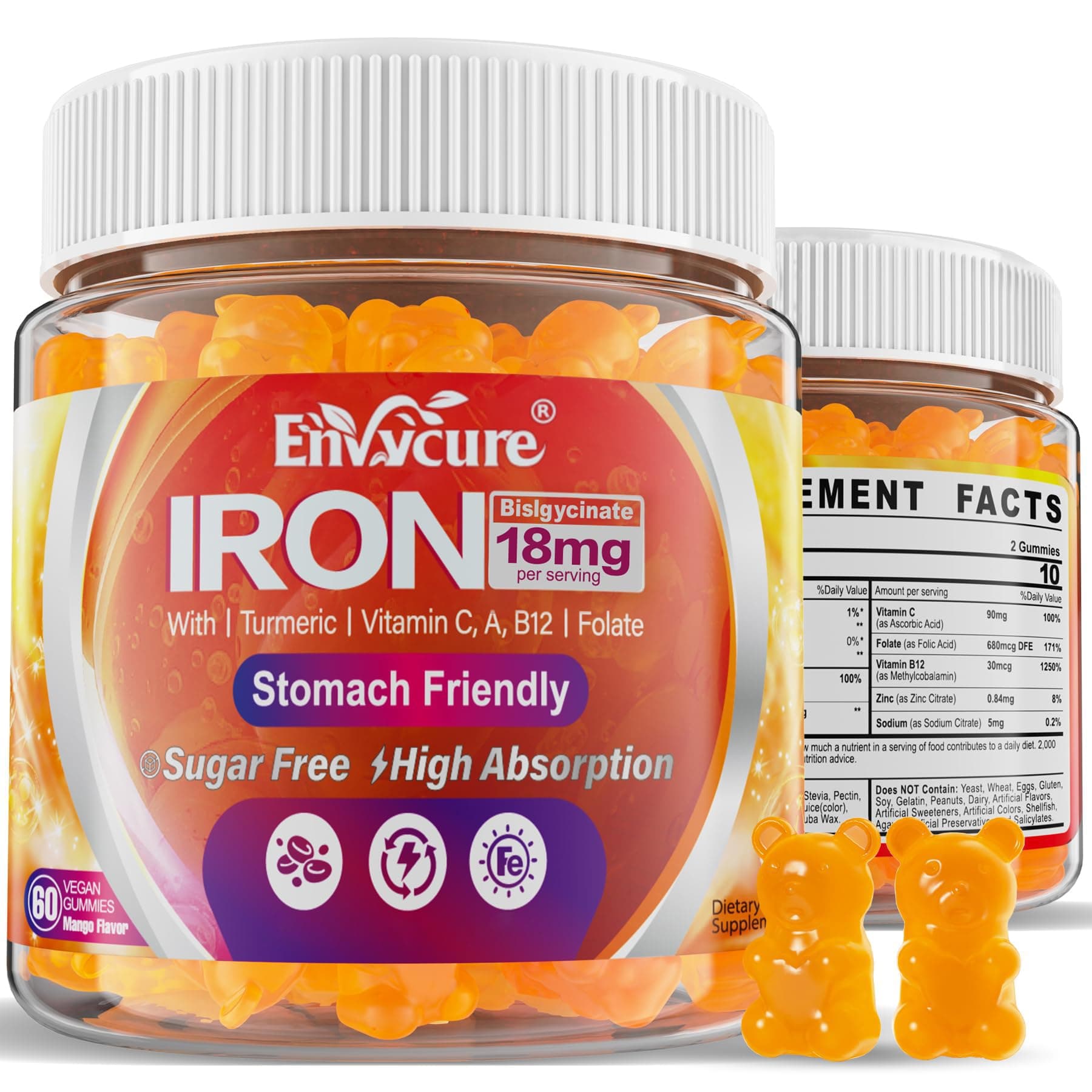 Sugar Free Iron Gummies 18mg for Women Men, Iron Bisglycinate Supplement Gummies with Vitamin C, Turmeric & Folate - Blood Builder for Anemia & Energy Deficiency - 2 Pack