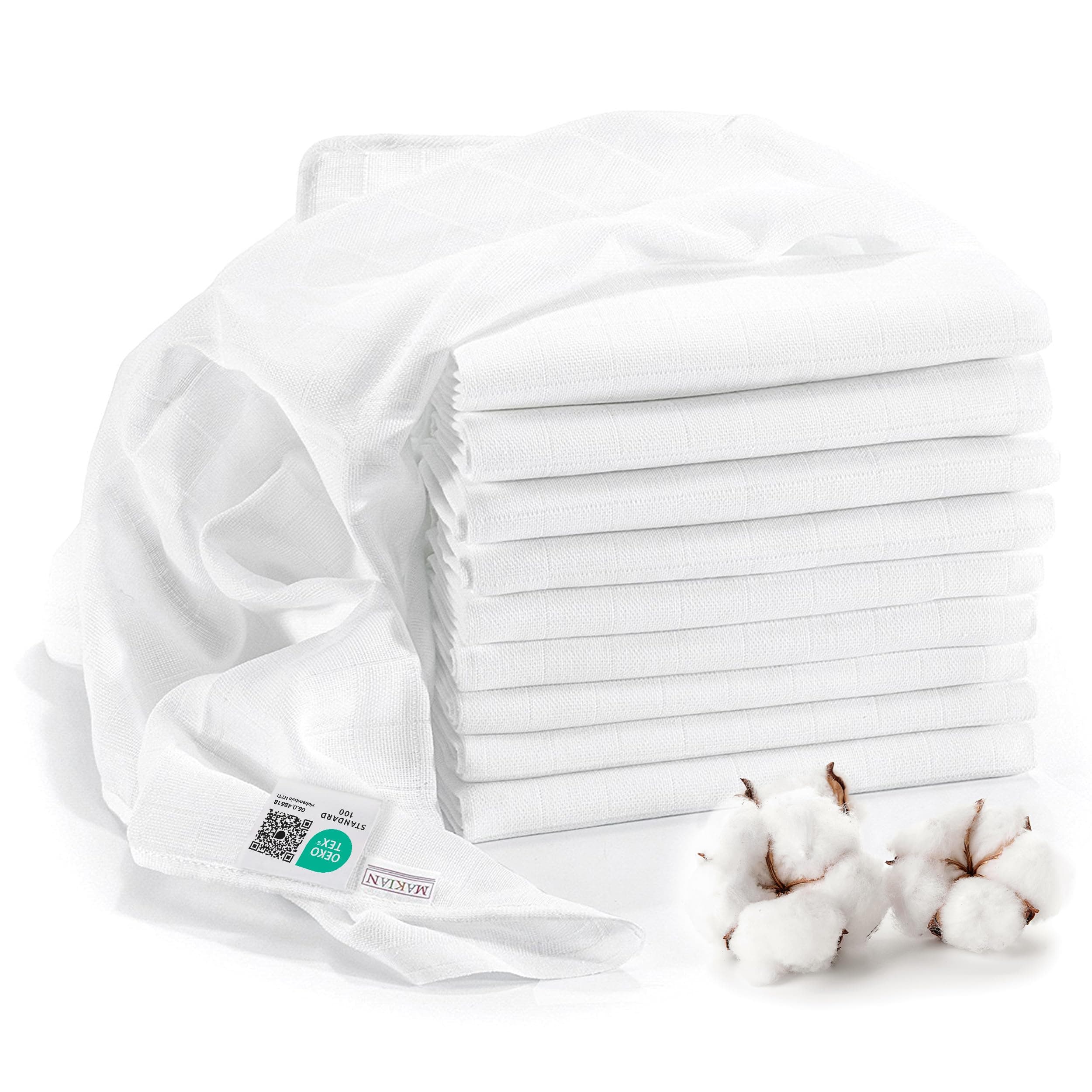 MAKIAN Baby Muslin Cloth - Pack of 10 Cotton Muslin Squares - Large 80x80 cm - Double Weaved Premium Quality - Oeko-Tex Certified - White