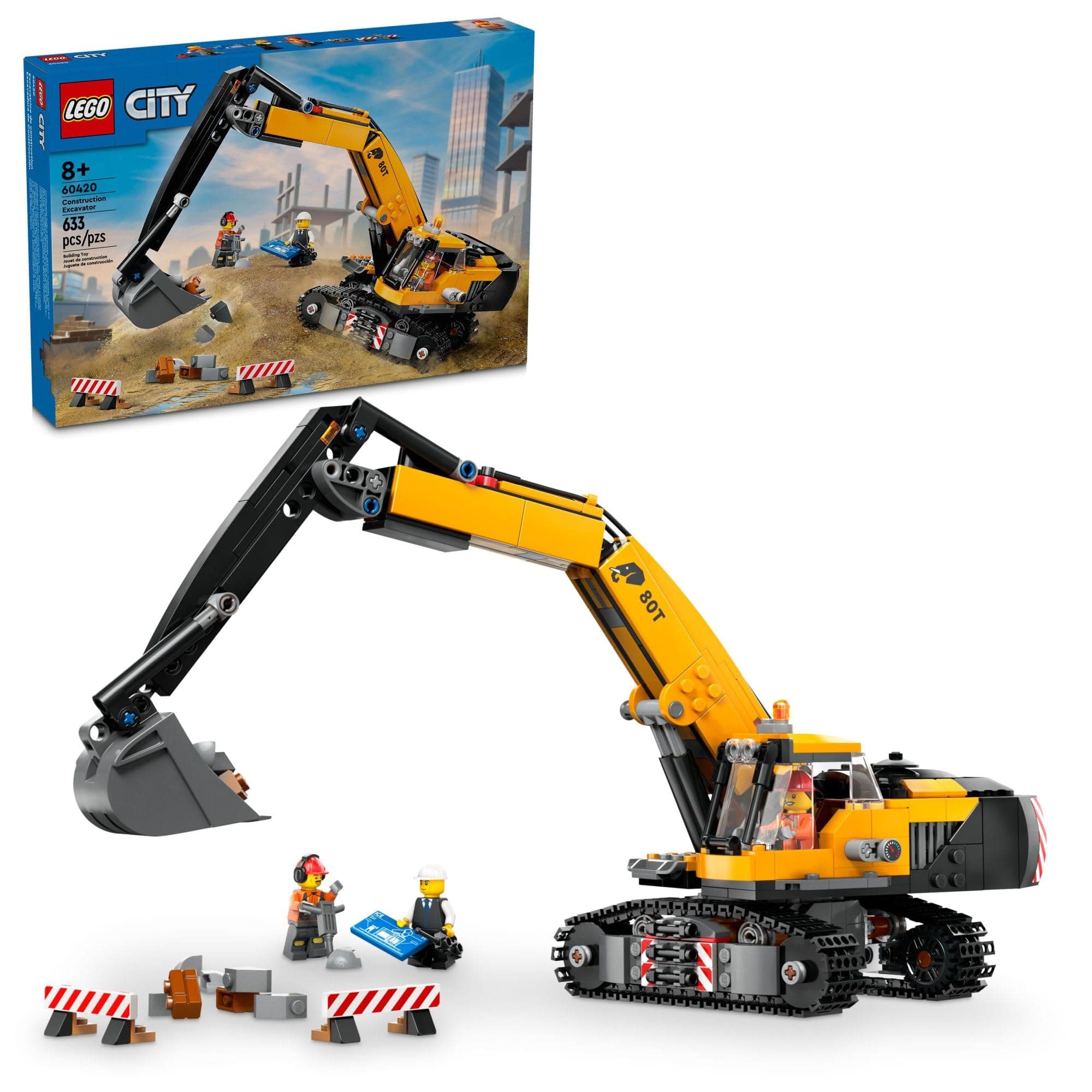 City Yellow Construction Excavator Toy Digger for Boys and Girls Ages 8 and Up, 3 Construction Worker Minifigures Included for Fun Pretend Play, Birthday for Kids, 60420
