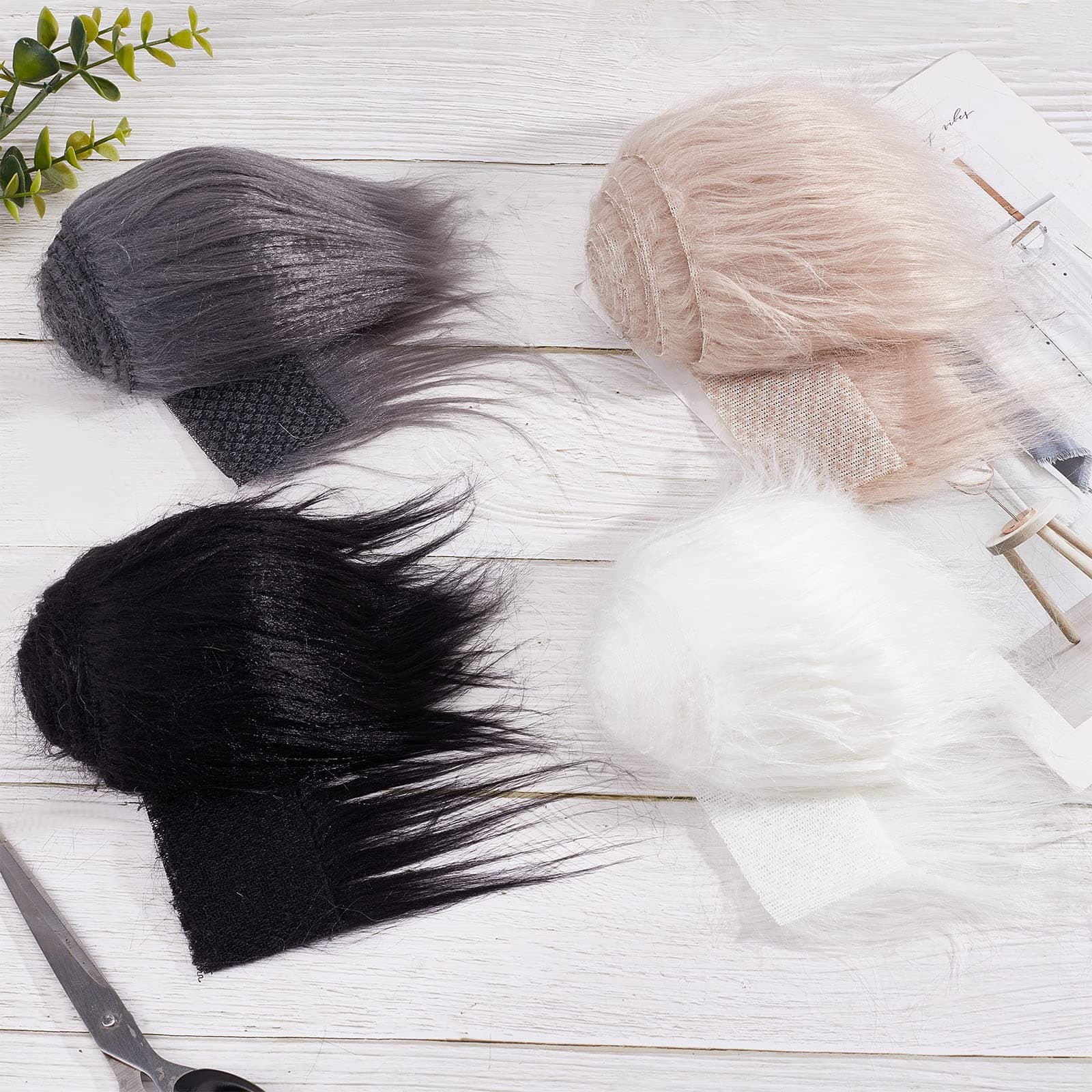 GORGECRAFT 4 Colors 150x 9~15cm Shaggy Plush Faux Fur Trim Ribbon Fabric Precut Artificial Strips White Black Khaki Gray Fluffy Fuzzy Craft Fur Pieces Gnome Beards for Hair Santa Claus Cosplay Costume