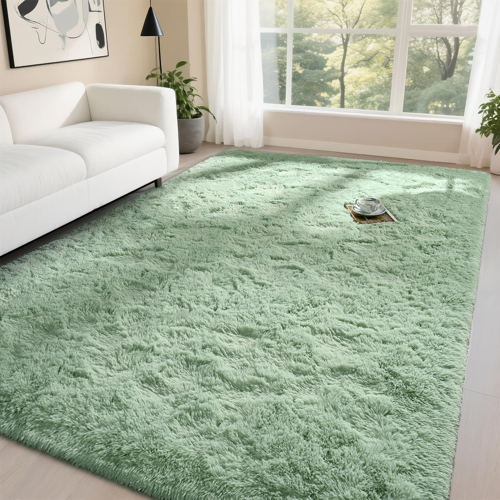 DweIkeFluffy Sage Green Rugs for Bedroom Living Room, 5x8 Feet Soft Plush Shaggy Light Mint Green Girls Boys Kids Rug, Non-Slip and Machine Washable Carpet for Dorm Nursery Classroom Decor