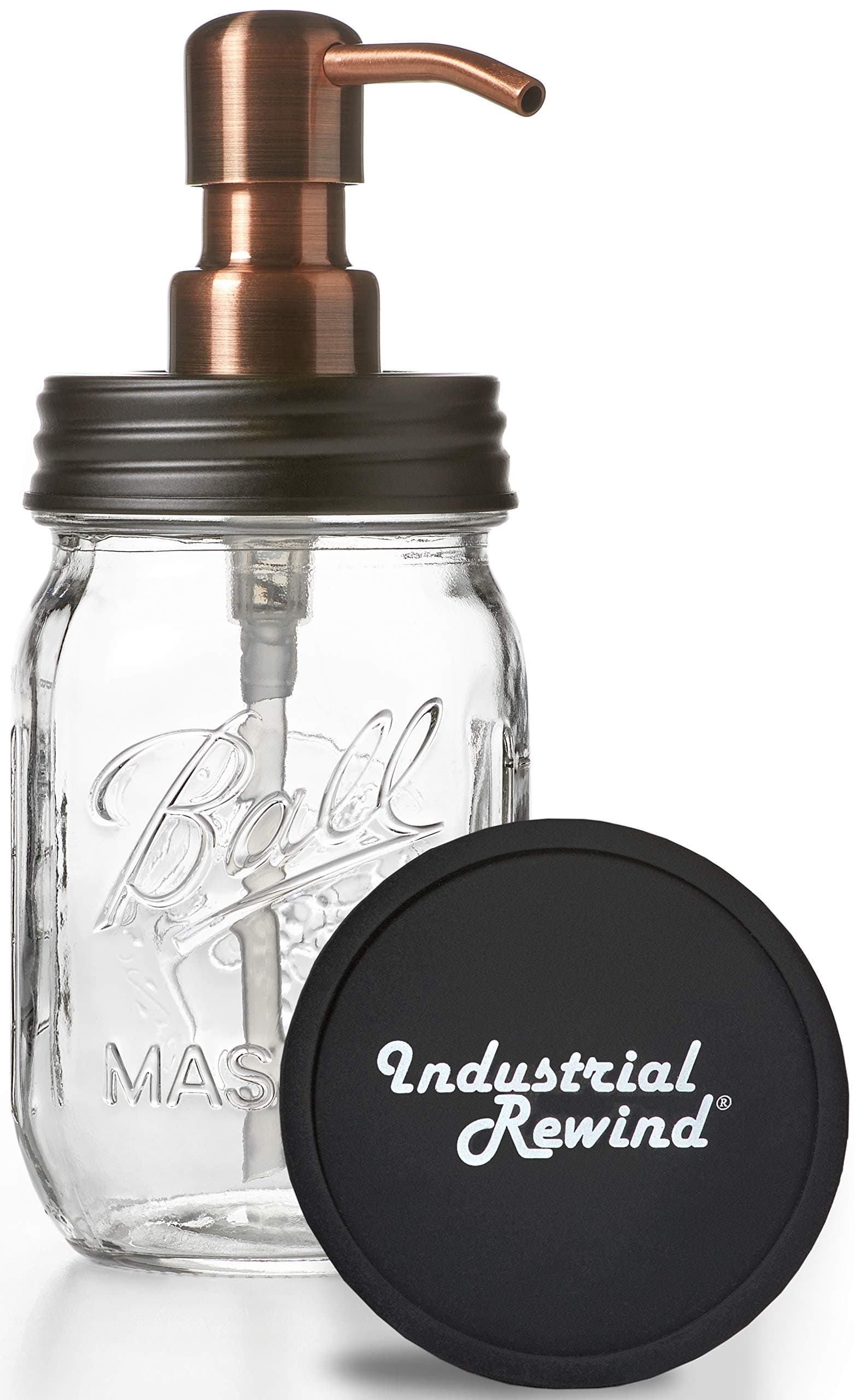 Industrial Rewind Mason Jar soap Dispenser - 16oz Clear Pint Ball Mason Jar with Black lid/Smooth Action Copper Pump