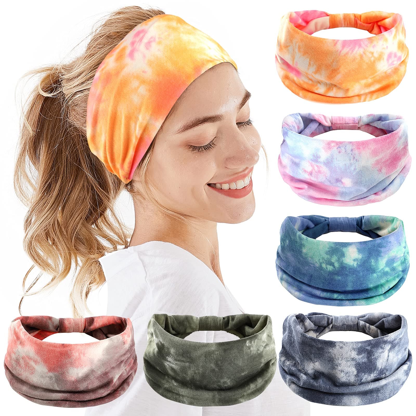 (6 Color(Orange+Pink+Blue+Grey+Green+Brown)) - Headbands For Women, 6 PCS Yoga Running Sports Headbands Tie Dye Boho Pattern Elastic Non Slip Sweat Headbands Workout Hair Fashion Bands for Girls