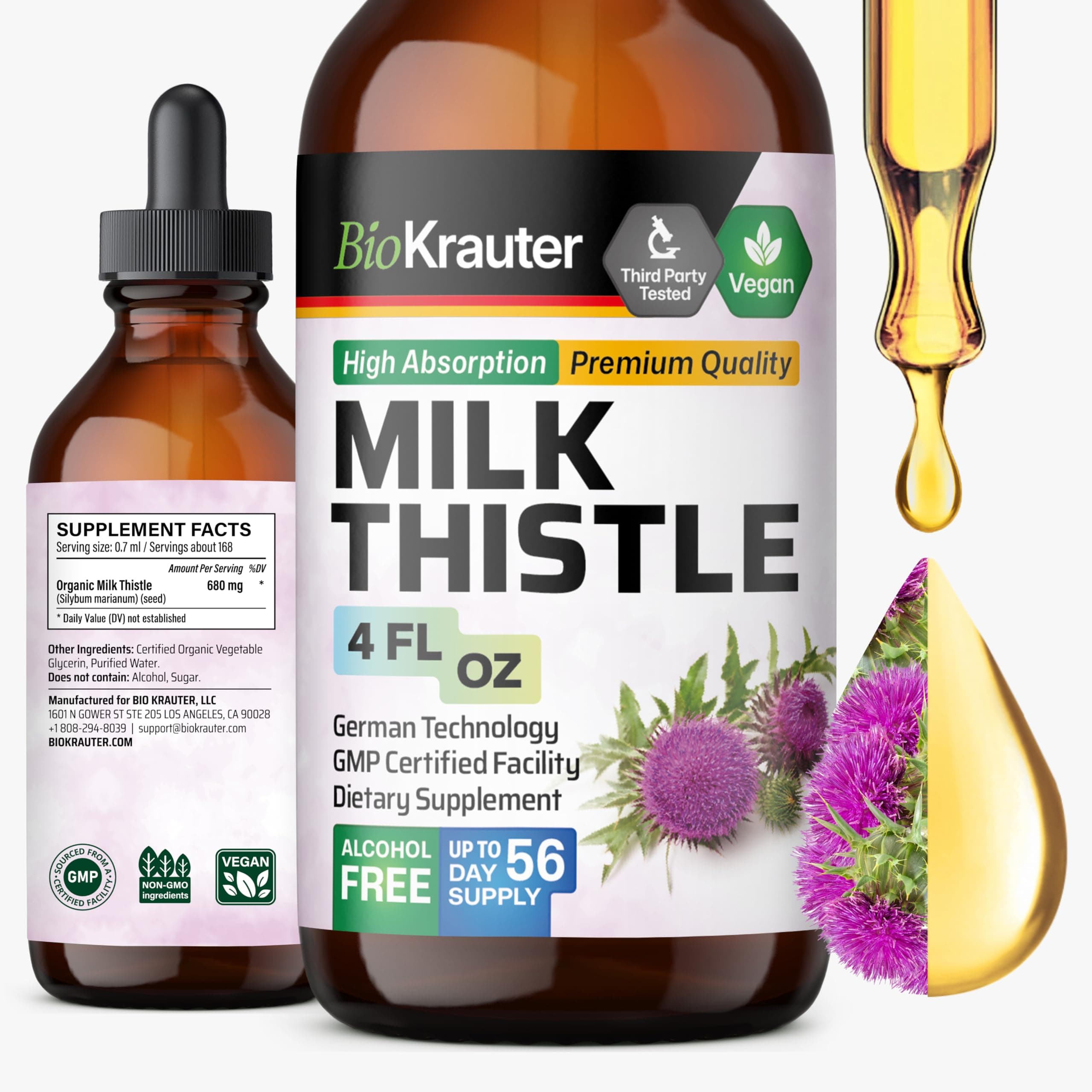 BIO KRAUTER® Milk Thistle Supplement - Liquid Pure Vegan Milk Thistle Extract 680 mg per Serving 4 Fl.Oz 56 Days of Supply - Liver Cleanse & Detox, Сontains Silymarin - Alcohol & Sugar Free