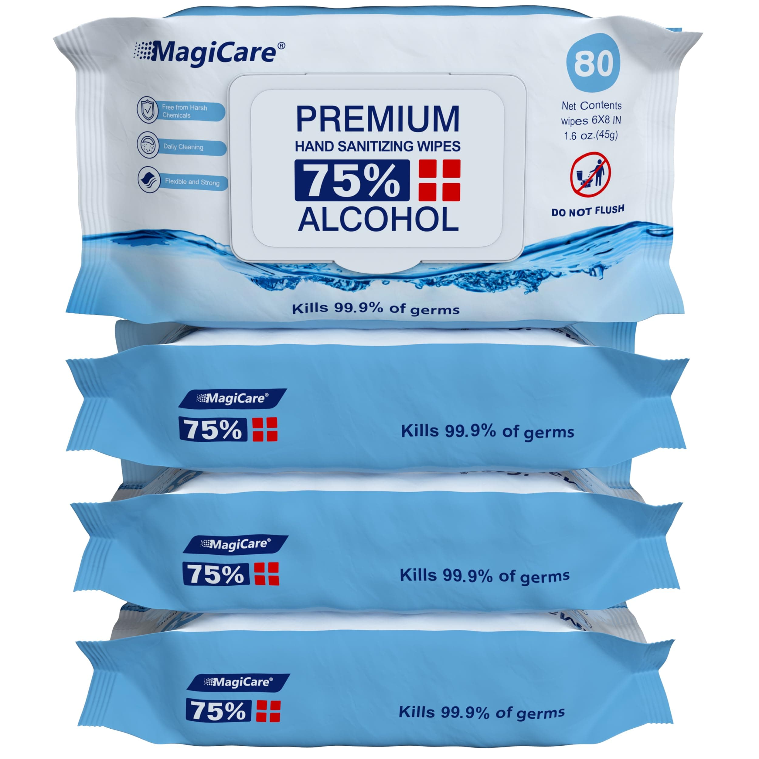 MagiCare 75% Large Alcohol Wipes (4-80ct Packs, 320pcs) - Alcohol Hand Sanitizer Wipes, Premium - Unscented Hand Wipe, Sanitizing Wipe - Travel, Home, Classroom, Camping - Soft Packs
