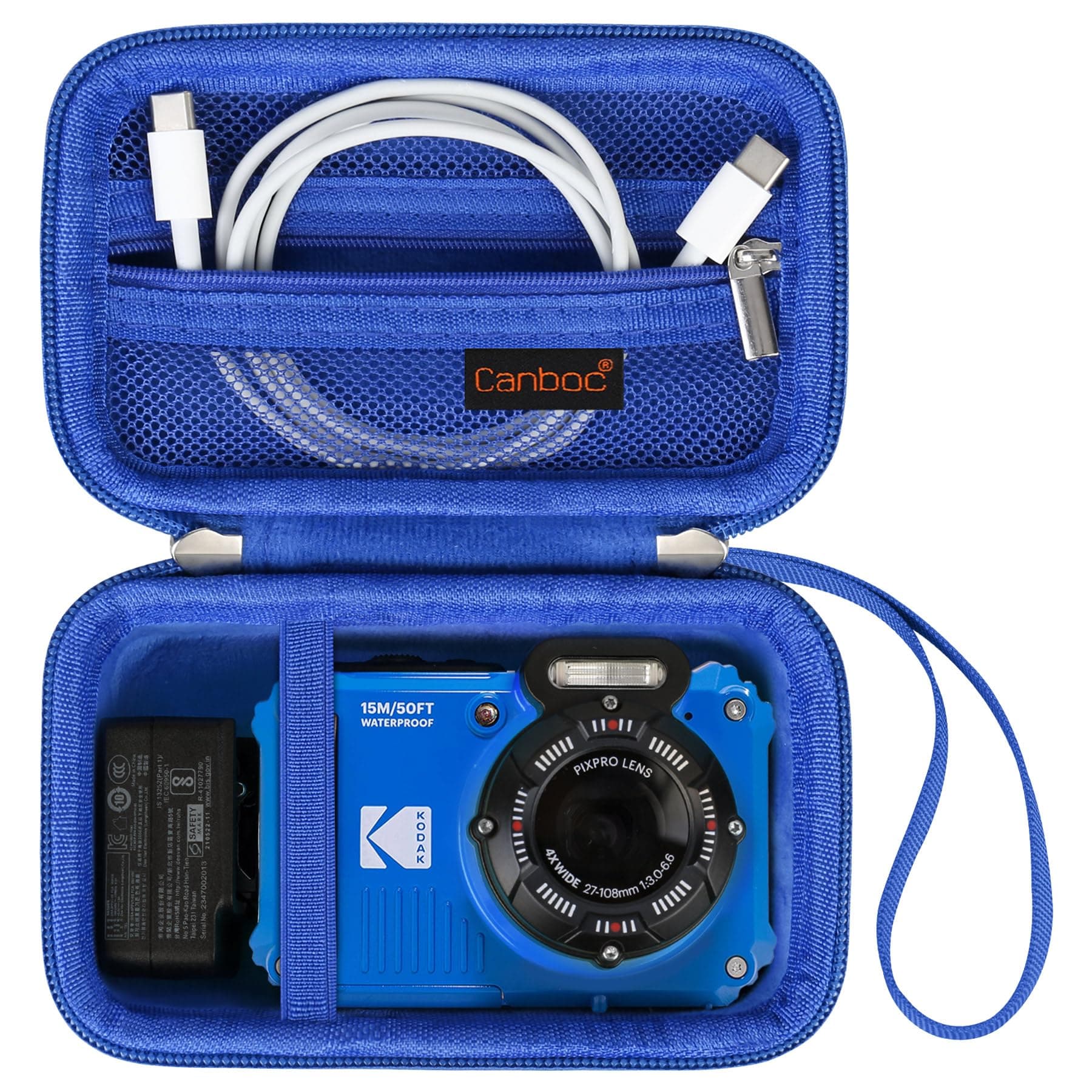 Canboc Carrying Travel Case for KODAK PIXPRO WPZ2 Rugged Waterproof Digital Camera, Underwater Photography Camera Bag, Zipper Mesh Pocket fits USB Cable, Battery, Adapter, Blue (Case Only)