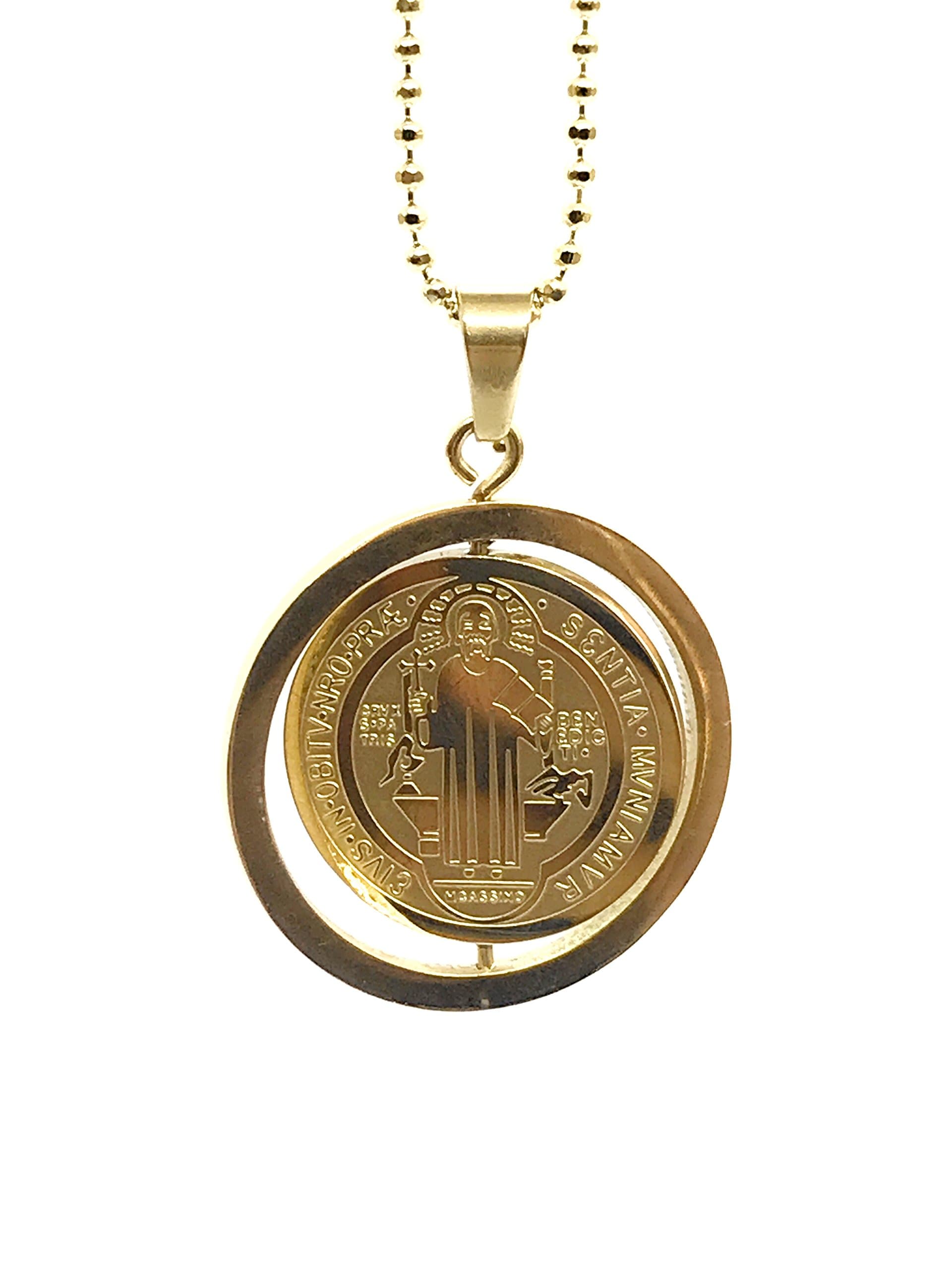 St Benedict Medal Necklace 19.5" Inches Spinning Pendant and 18K Gold Plated Chain San Benito