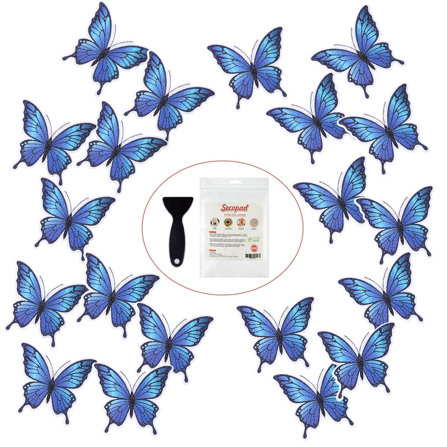 20 PCS Non Slip Bathtub Stickers, Adhesive Butterfly Anti Slip Decal Treads for Shower and Bath Tub with Premium Scraper (Blue)