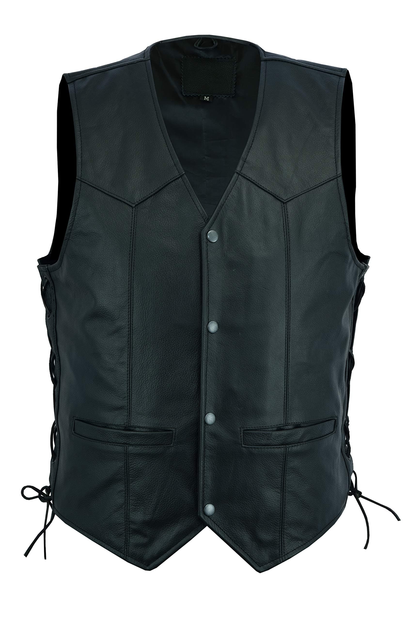 Ruja Men's Classic Motorbike Biker Leather Vest with Side Laces, Black, XX-Large