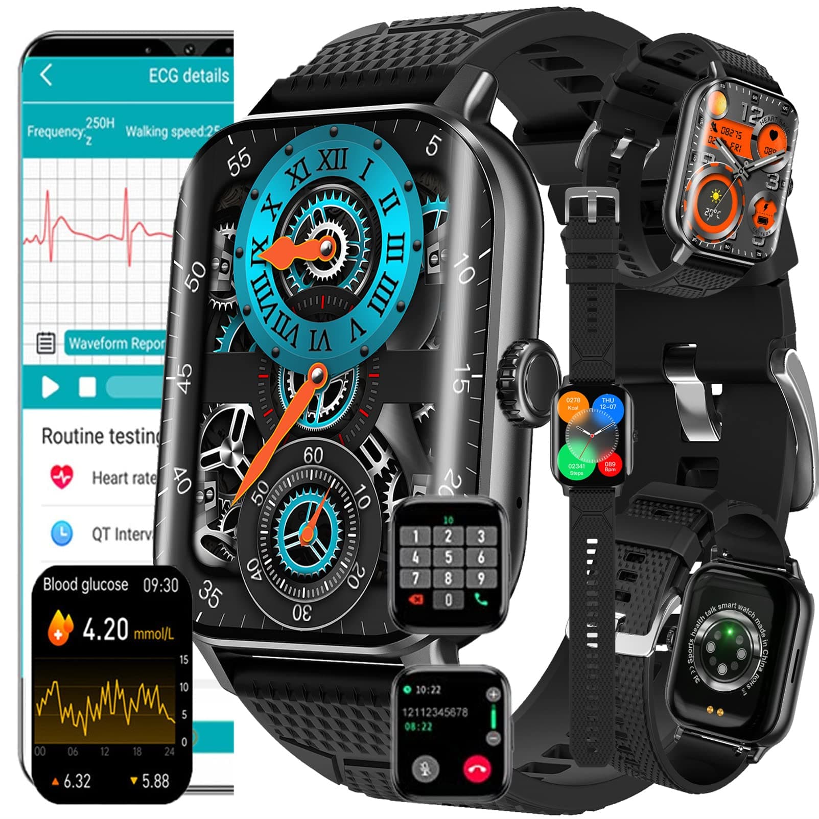 Smart Watch Blood Sugar Glucose,diabetic Smart Watch with Blood Blood Glucometer Blood Pressure Heart Rate Blood Oxygen Sleep Monitor,Step Counter Activity Trackers Sports Watch,Black