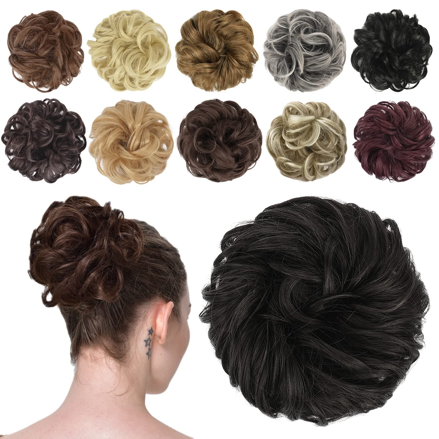 - FESHFEN Messy Bun Hair Piece - Wavy Synthetic Chignon Scrunchies for Instant Volume, Elastic Bun Ponytail Hair Extensions Thick Hairpieces for Women, Black Brown 1.50 oz