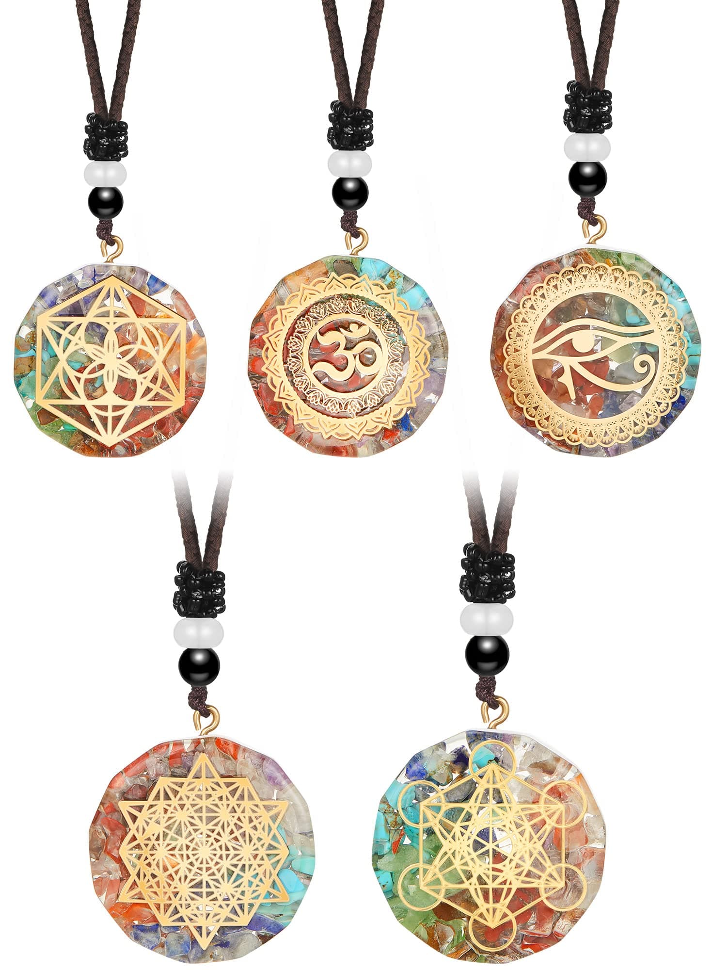 MTLEE 5-Piece Chakra Necklace Set: Orgonite Crystal Pendants, Healing Energy, Unisex-Adults, Elegant, 1.38 Inches