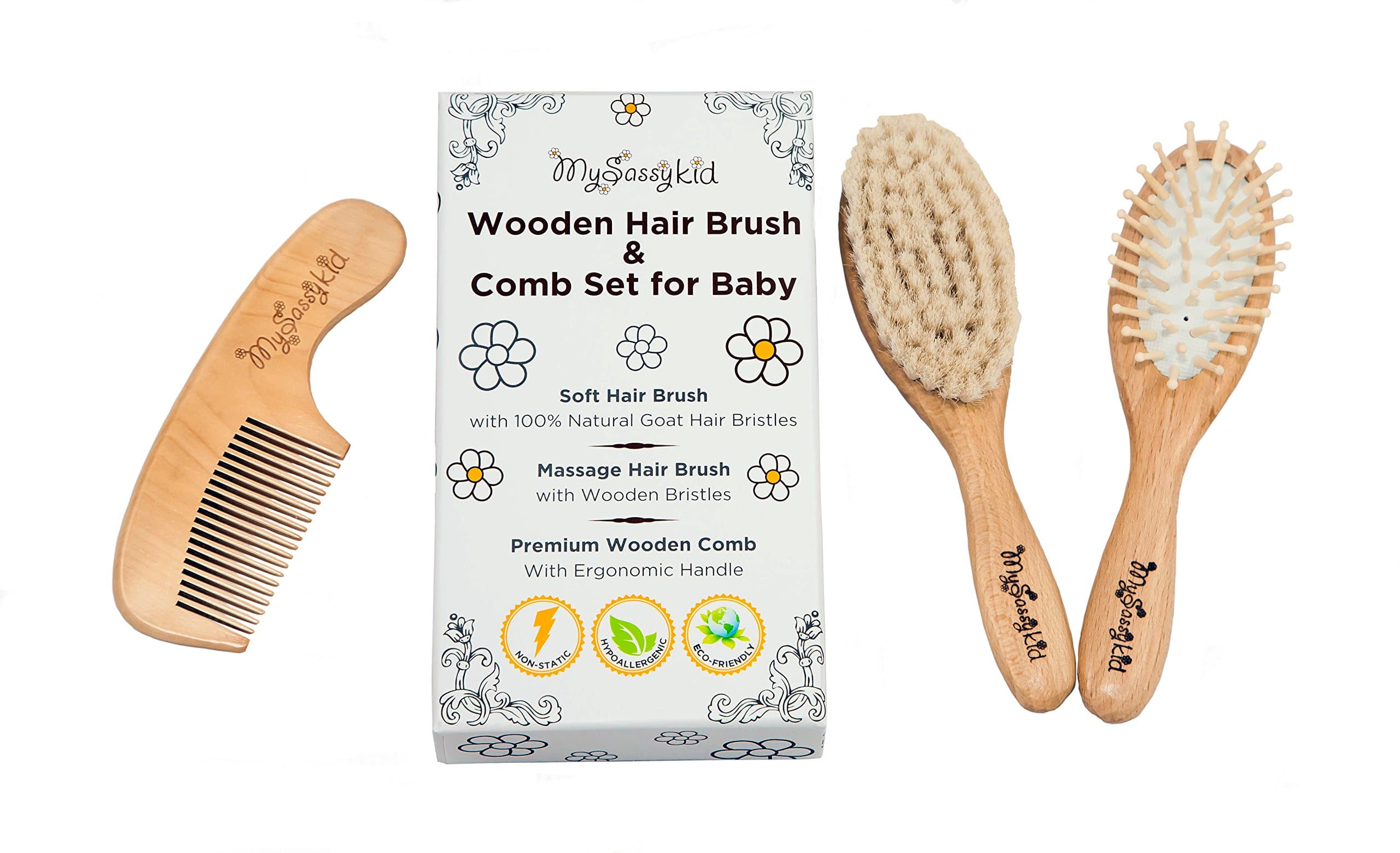 Slicemall Wooden Baby Hair Brush and Comb Set with Natural Goat Hair, Helps Prevent Cradle Cap