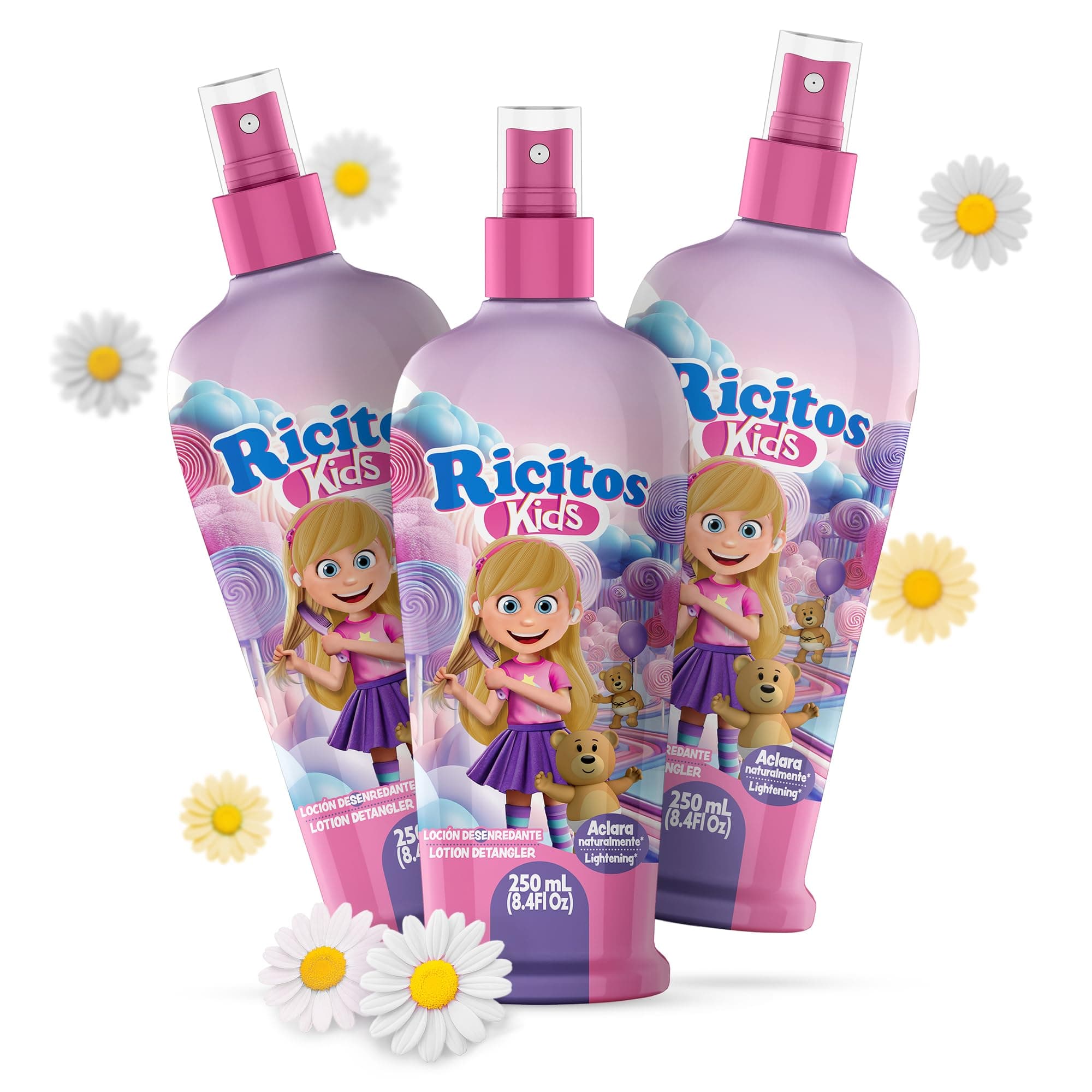 Ricitos Kids Chamomile Hair Lotion Leave-In Detangler, Natural Lightening Spray for Girls, Gentle Paraben-Free Formula for Easy Brushing, Knot-Free Hair, Soft Texture and Shine, 8.4 Fl Oz, Pack of 3