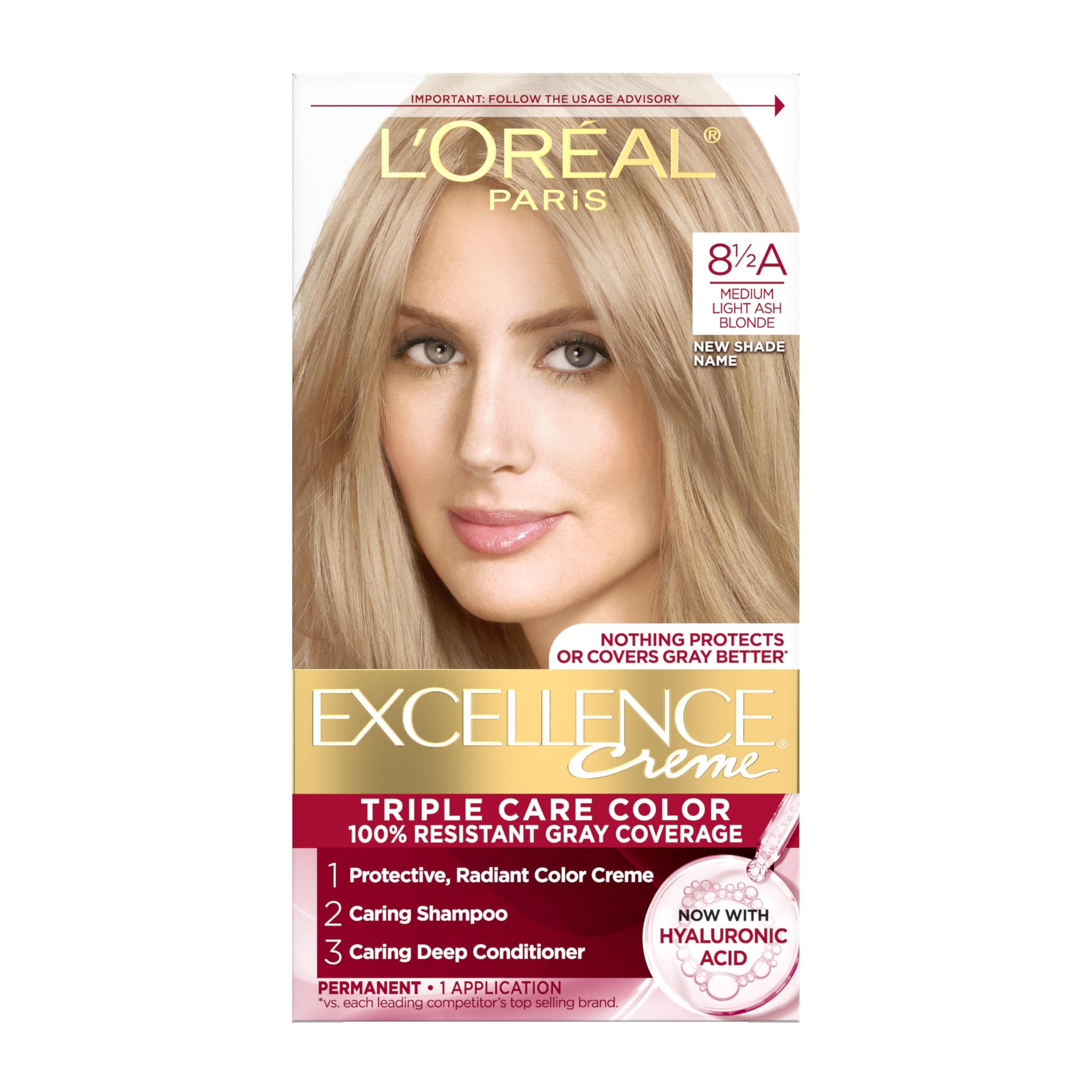 Excellence Crème Permanent Hair Dye, Triple Care Hair Color with Hyaluronic Acid for 100% Gray Coverage, 8.5A Medium Light Ash Blonde, 1 Kit (Packaging May Vary)