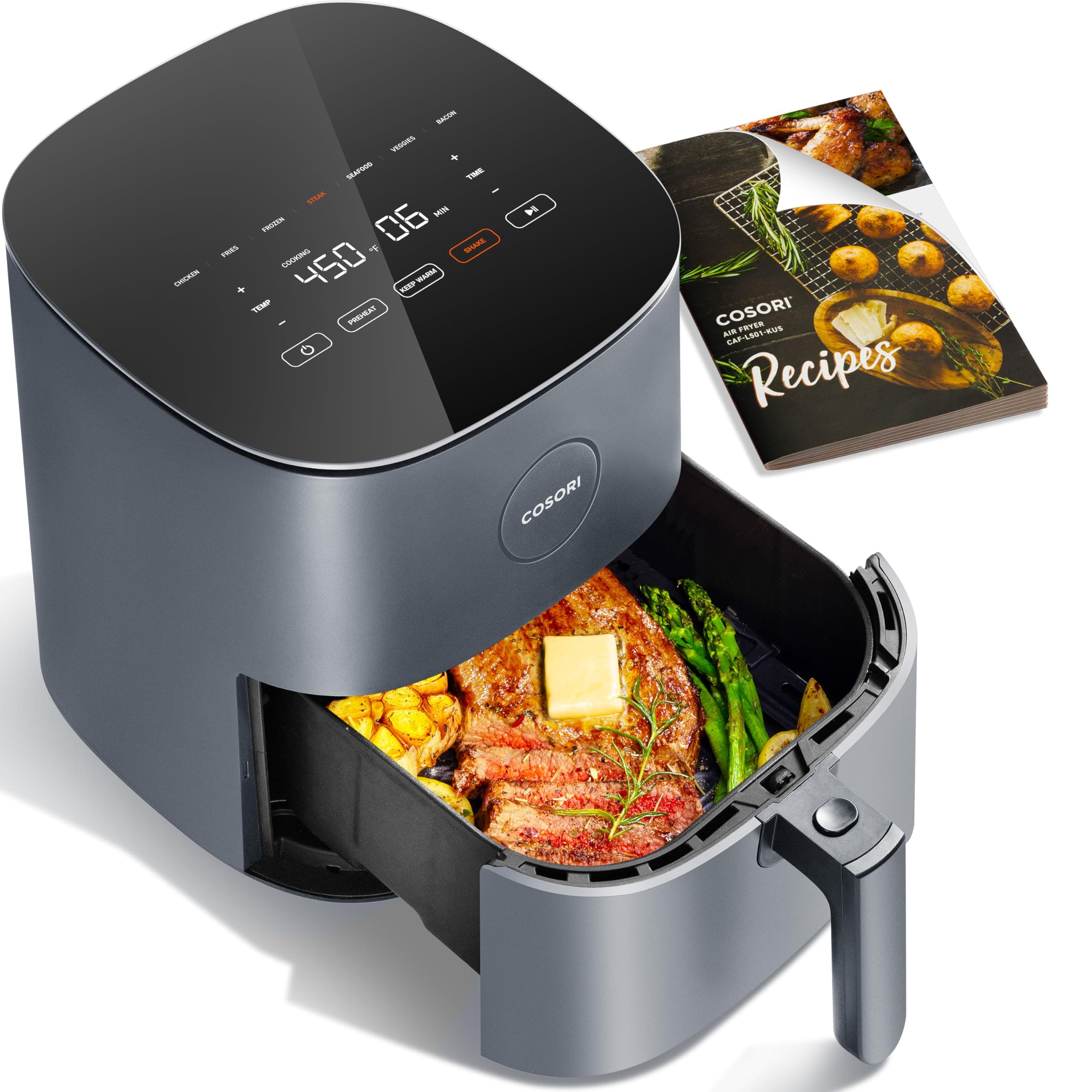 Air Fryer 5 QT (4.7 Litre) Black, 1500W Fast Cooking 9 Preset Menu, 30 Recipes Cookbook, Grill, Broil, Roast, Toast, Bake, Reheat, Defrost, Digital Touch Panel (CAF-L501)
