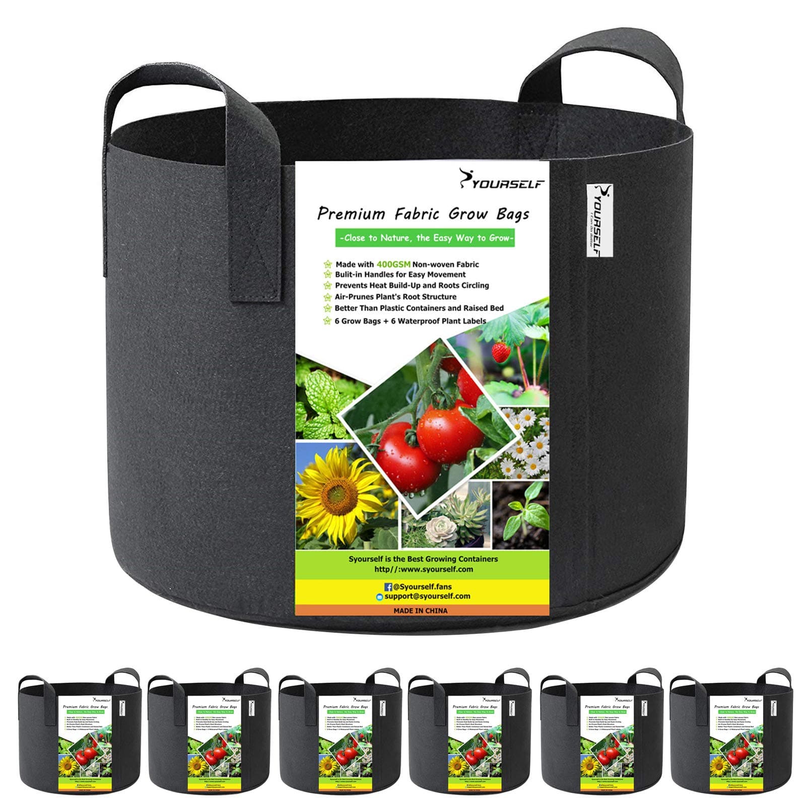 SYOURSELF 6 Pack Grow Bags 7 Gallon Fabric Pots ,Thickened Nonwoven Grow Bag with Handles ,Fabric Pots for Vegetable Flower Tomato Potato Garlic Indoor Outdoor Plants +6 Waterproof Garden Lables