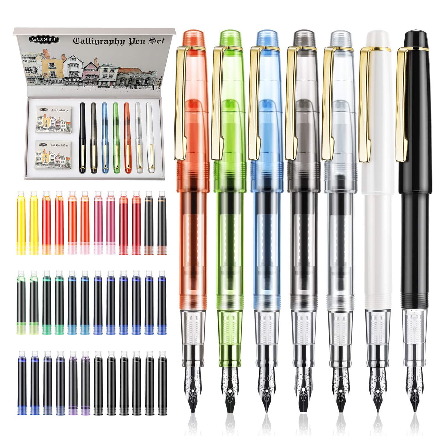 Calligraphy Set Fountain Pens 7 Different Size Nibs and 36 Assorted Ink Cartridges Kit for Calligraphy Lettering - Complete Easy Learning Set for Beginners F736