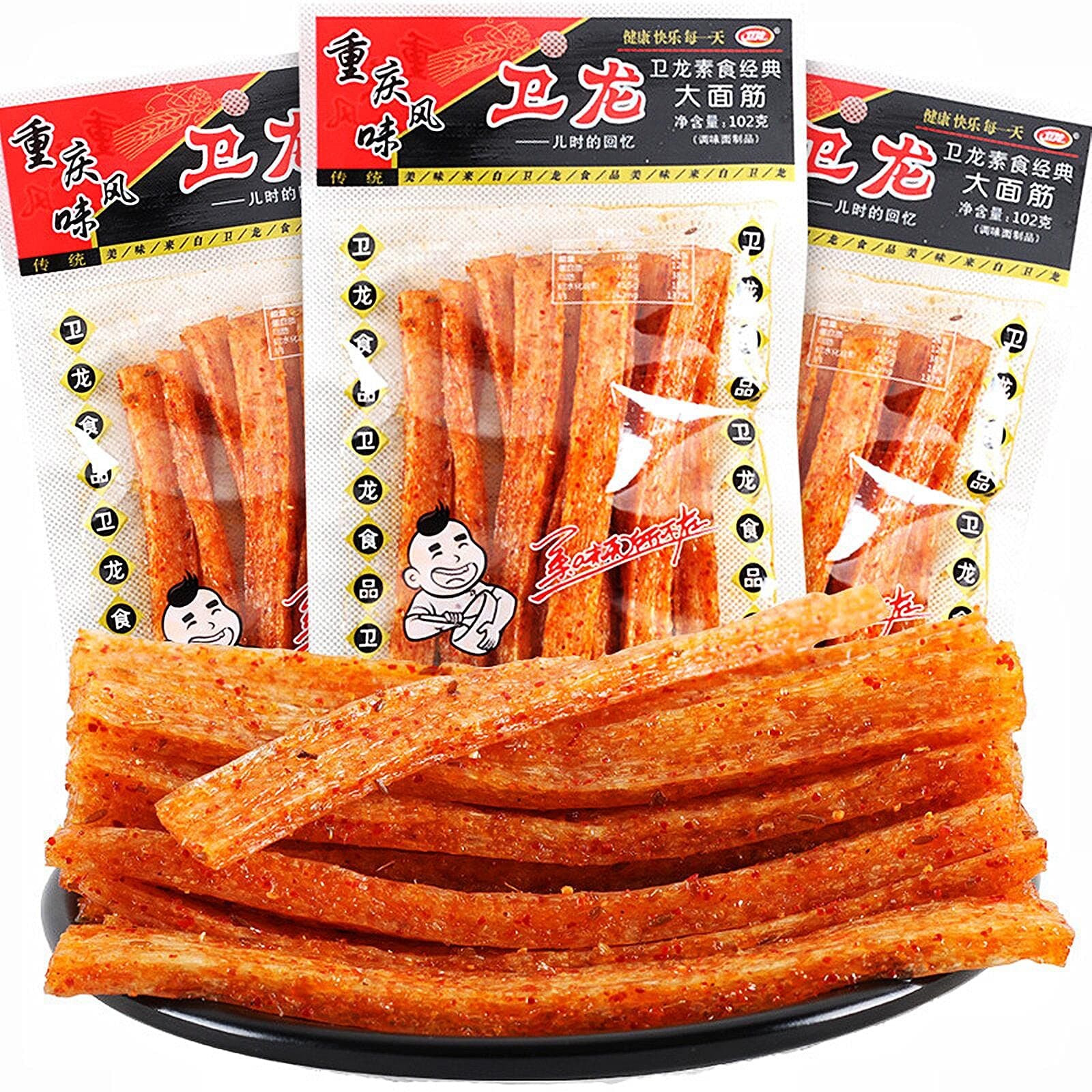 Spicy Strips - Spicy Gluten Latiao, Chinese Special Casual Snack Food, Made From Wheat/Chili/Spice, Low Sugar and Low Calories, Best Vegan, 102g (Pack of 3)
