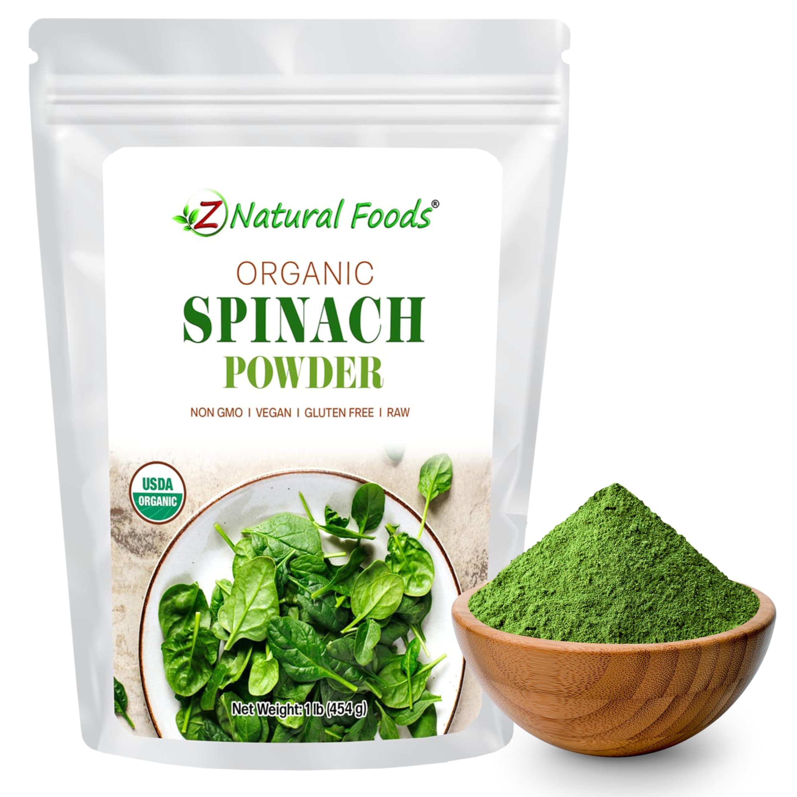 Z Natural Foods Organic Spinach Powder - 100% Pure & Nutrient-Dense Dried Raw Spinach Leaves for Immune & Energy Boost - Fresh Powdered Vegetable, Supports Eye & Heart Health, Vegan, 1 lb