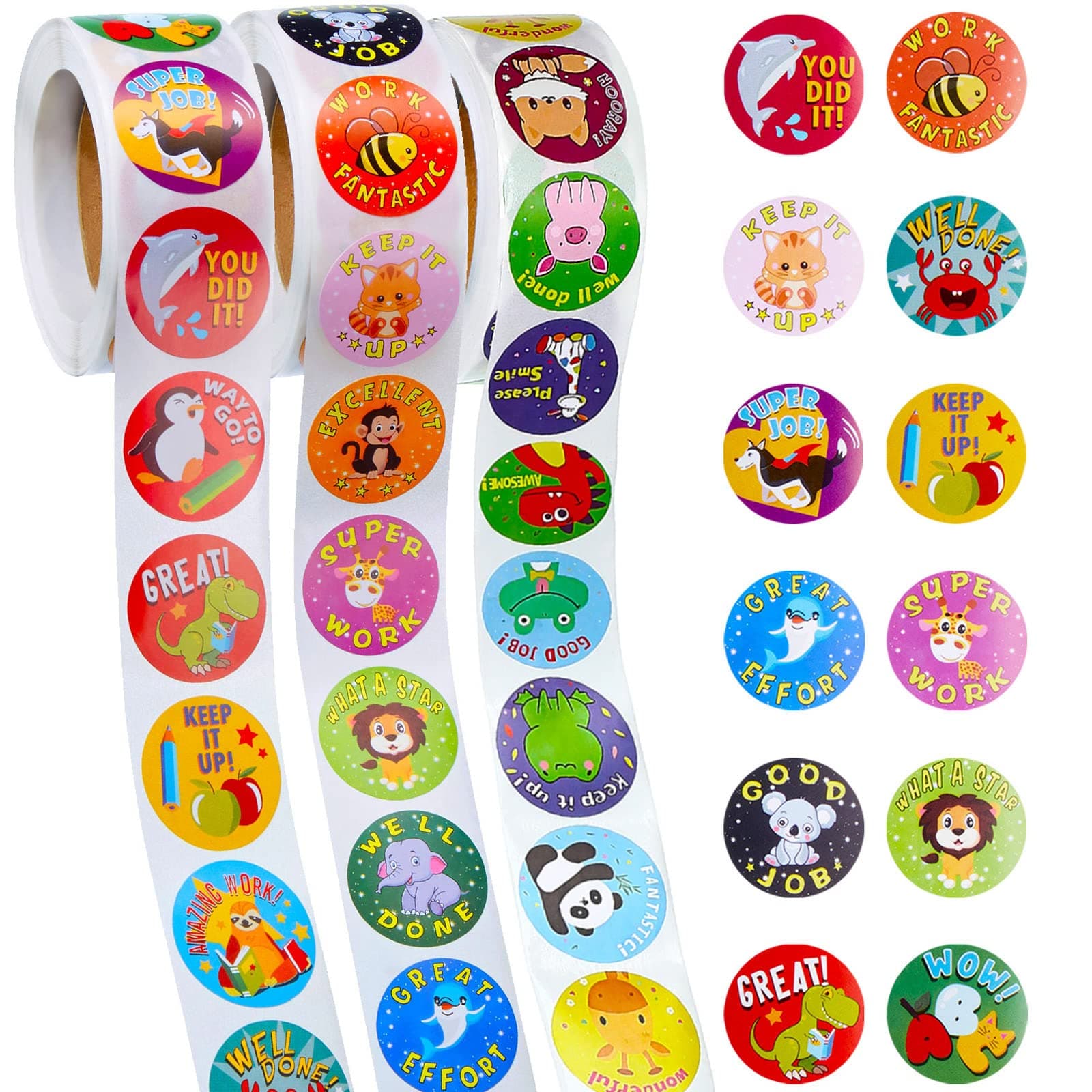 Outus 3 Rolls Motivational Stickers for Kids, 1500 Pcs Inspirational Cartoon Reward Stickers Teacher Supplies for Potty Training School Classroom Students Prizes, 24 Designs(Vivid Style)