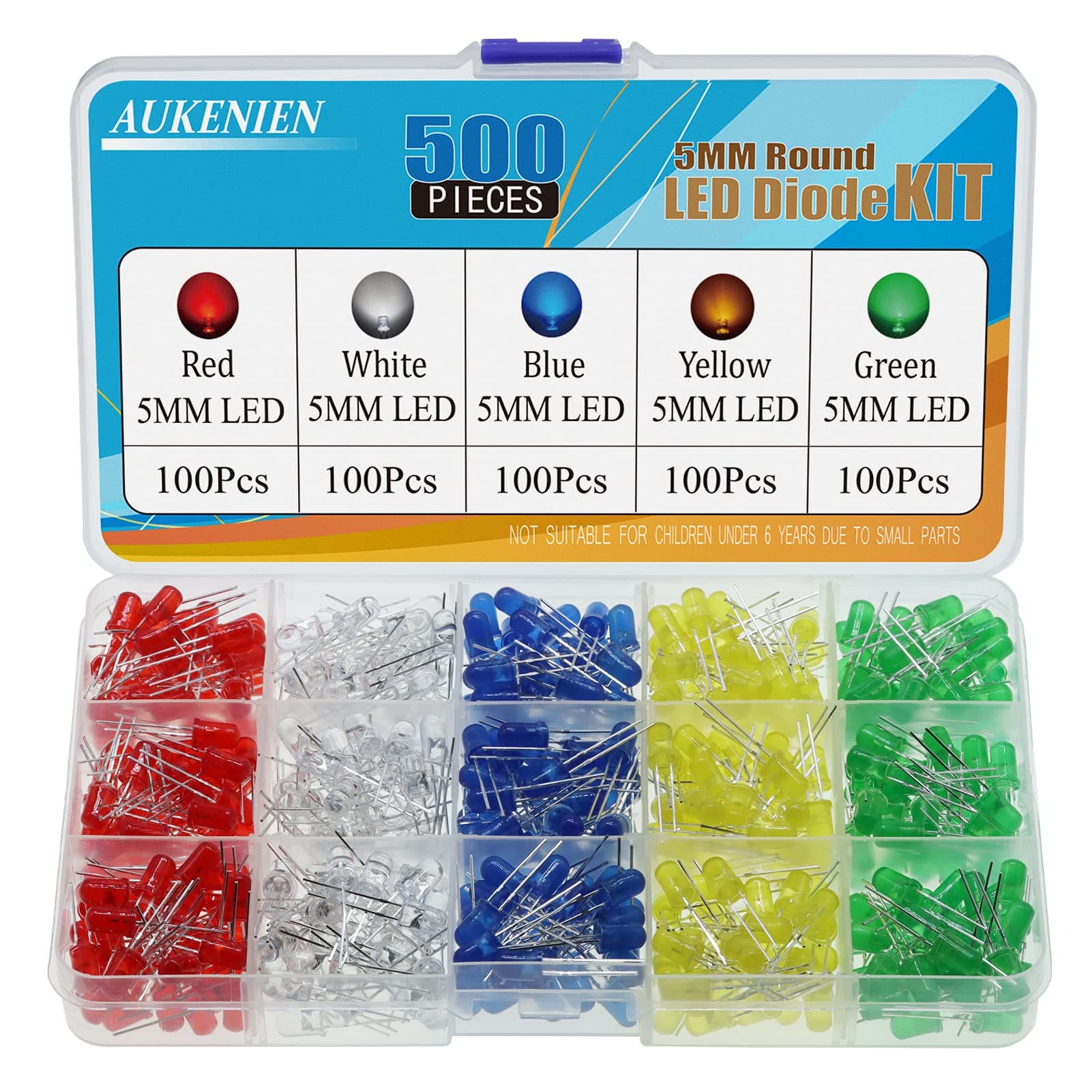 AUKENIEN 500pcs 5MM LED Diodes Light Emitting Diode Assortment Kit 5 Colors Red Blue Yellow Green White Round LED Lighting Bulb Lamp Components for Electronics