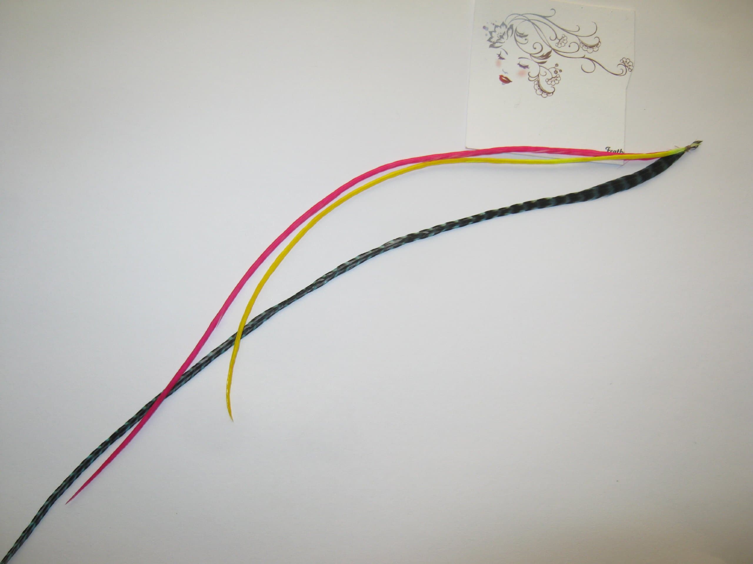 7 - 12" Holiday Parade 3 Feather Hair Extension kit: GRIZZLY TURQUOISE, HOT PINK, NEON YELLOW