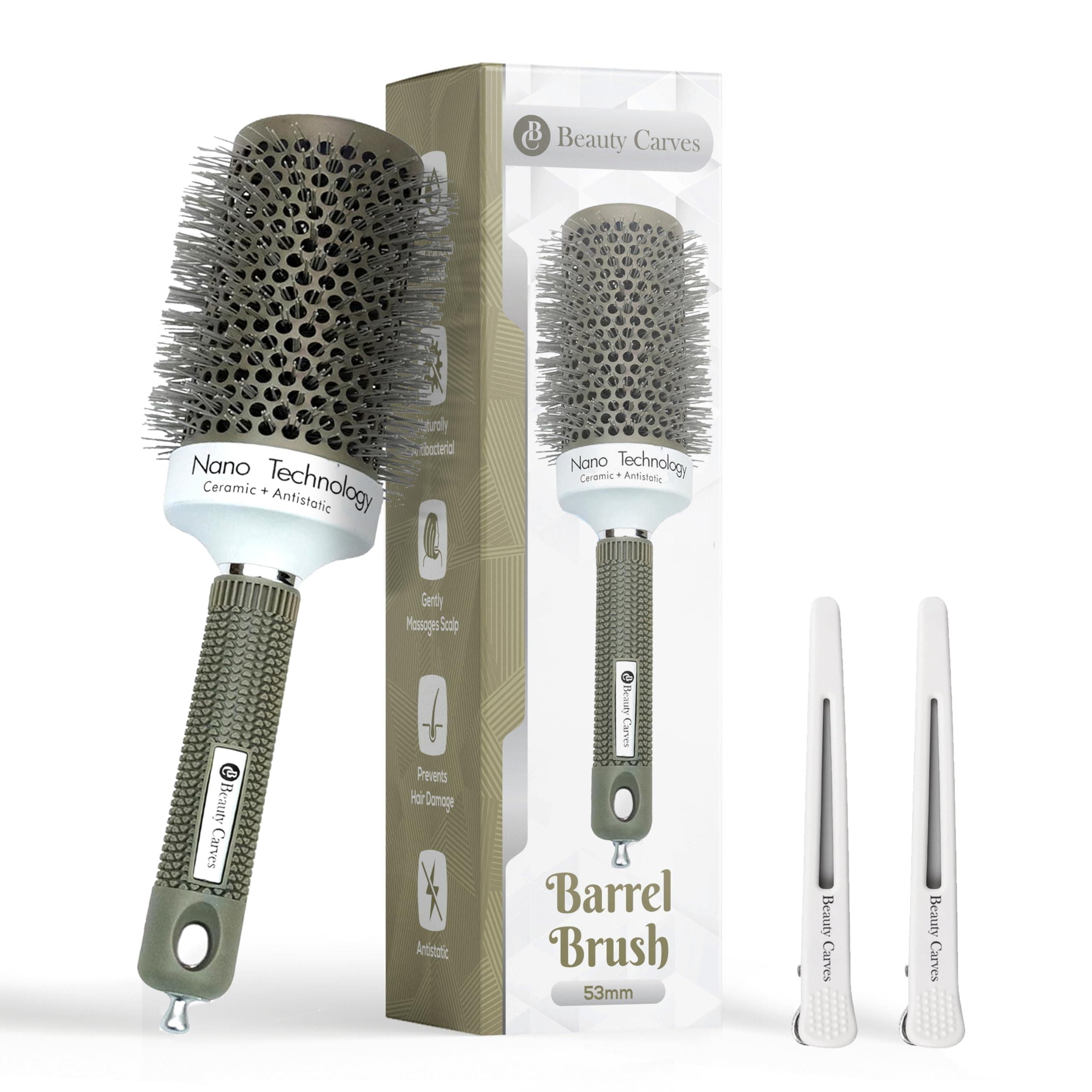 Round Hair Brush 53 mm Barrel with 2 Clips – Thermal Ceramic Blow Dry Brush for Salon Styling & Volume – Nano Ionic Heat-Resistant Barrel with Flexible Nylon Bristles