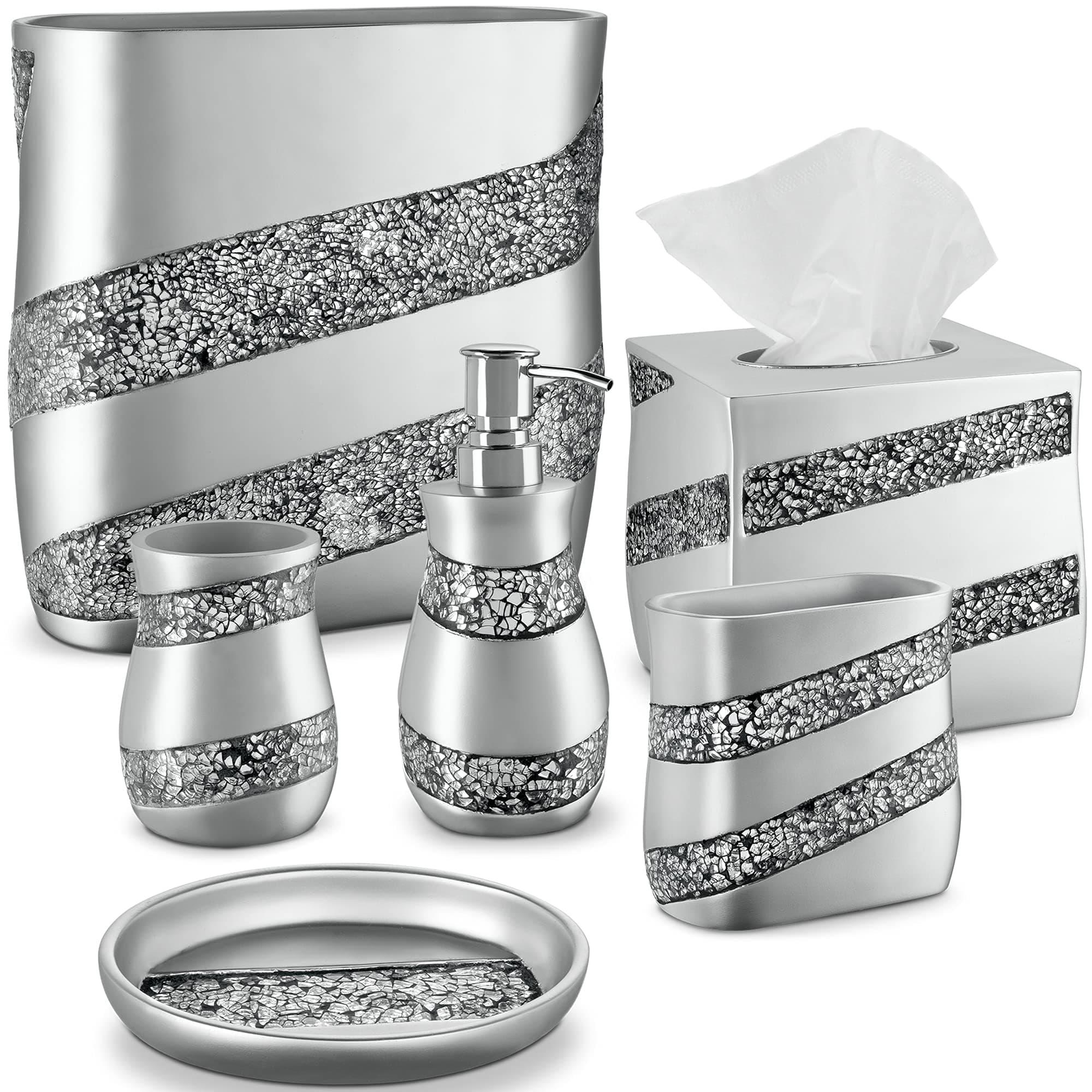 Silver Mosaic Bathroom Accessories Set Complete - 6 Piece Bathroom Set Includes: Bathroom Trash Can, Tissue Cover, Soap Dispenser, Toothbrush Holder, Tumbler & Soap Dish
